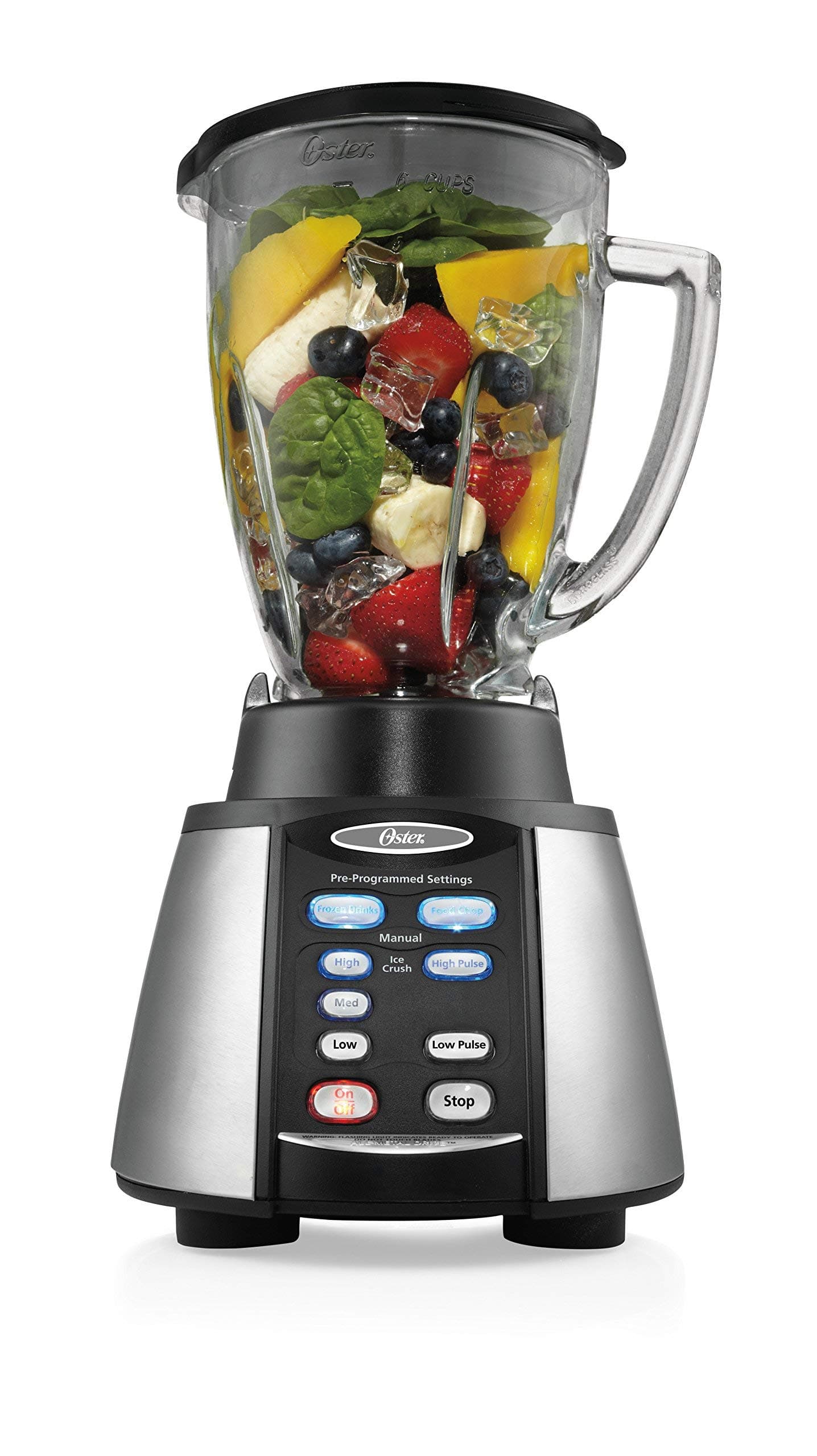 Oster Reverse Crush Counterforms Blender, with 6-Cup Glass Jar, 7-Speed Settings and Brushed Stainless Steel/Black Finish (Renewed)