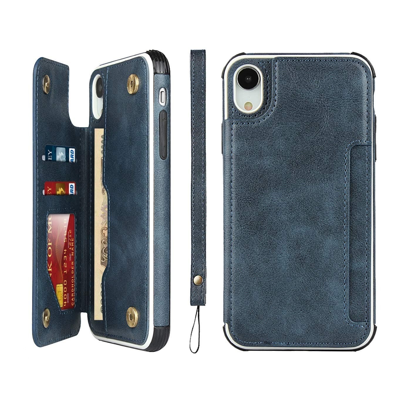 iCoverCase Compatible with iPhone XR Wallet Phone Case with Card Holder and Wrist Strap PU Leather Magnetic Clasp Shockproof Case 6.1 Inch (Blue)