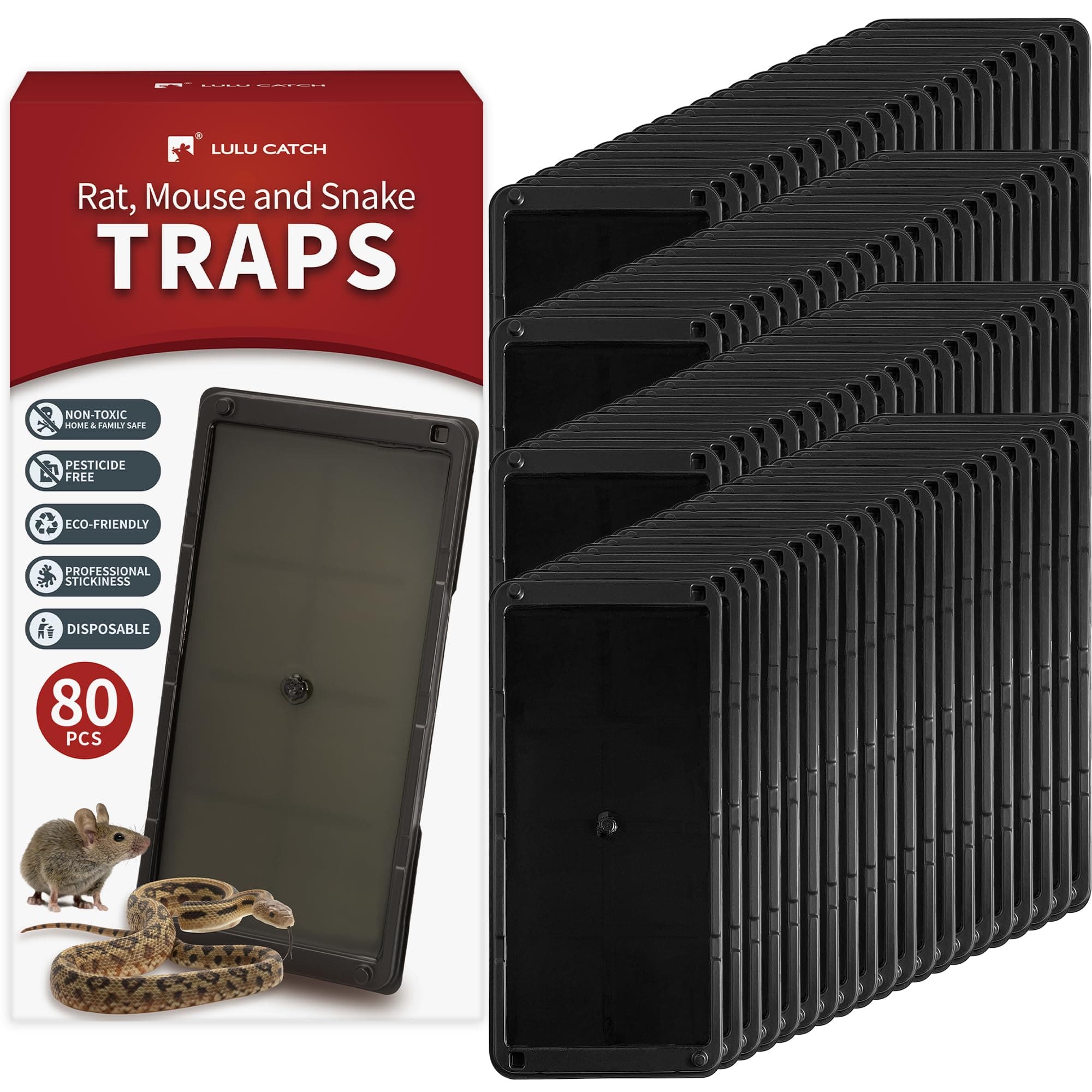 LULUCATCH Sticky Mouse Trap, 80 Pack Large Glue Traps, Pre-Baited Heavy Duty Non-Toxic Bulk Glue Boards Mouse Traps Indoor for Mice, Snakes, Rat, Insects, Cockroaches & Spiders, Pet Safe Easy to Use