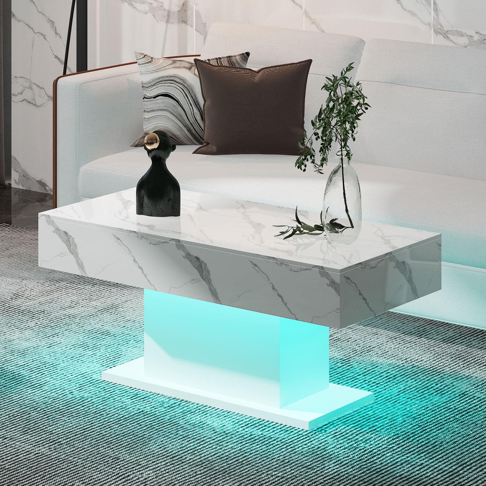 Modern Coffee Table for Living Room, Living Room Table Rectangular Center Table, High Glossy Wooden Coffee Tables with 16 Colors LED Lights for Dining Reception Room, White Marble