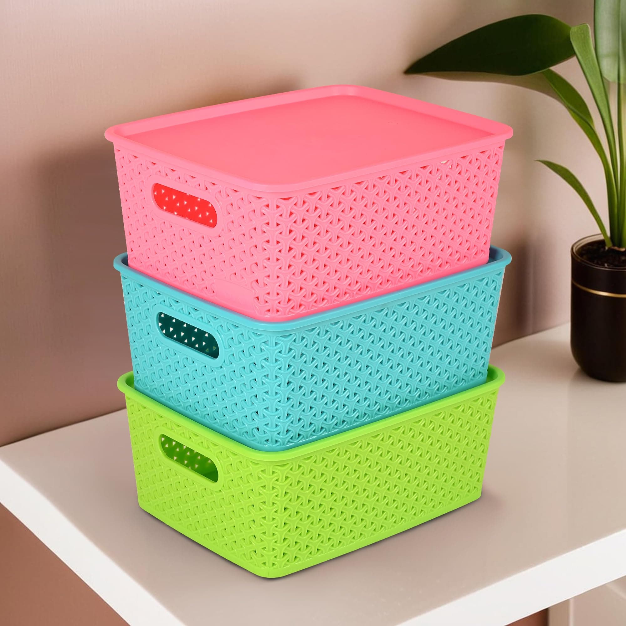 Kuber Industries 3 Pcs Stackable Plastic Storage Box with Lid | H5 Multi-Purpose Basket for Storage - Ideal Home Organizers for Baby Dress, Stationary, Medicine & Pooja Items | Multicolor