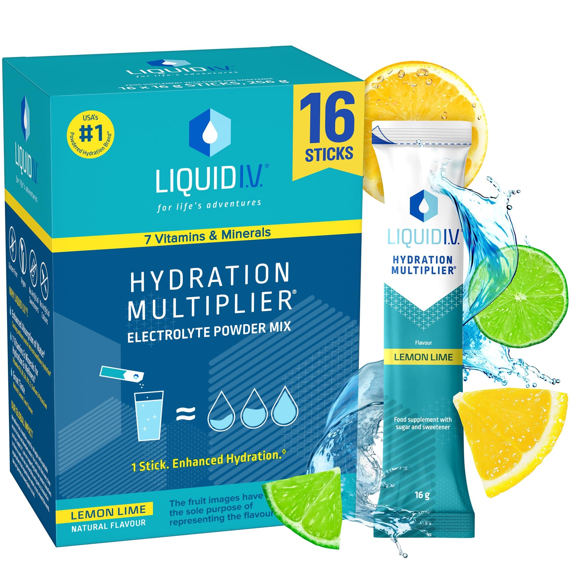 Liquid I.V. Hydration Sachets | Lemon Lime | Electrolyte Powder Mix | 1 Pack (16 Sticks) | 7 Vitamins and Minerals | Vegan