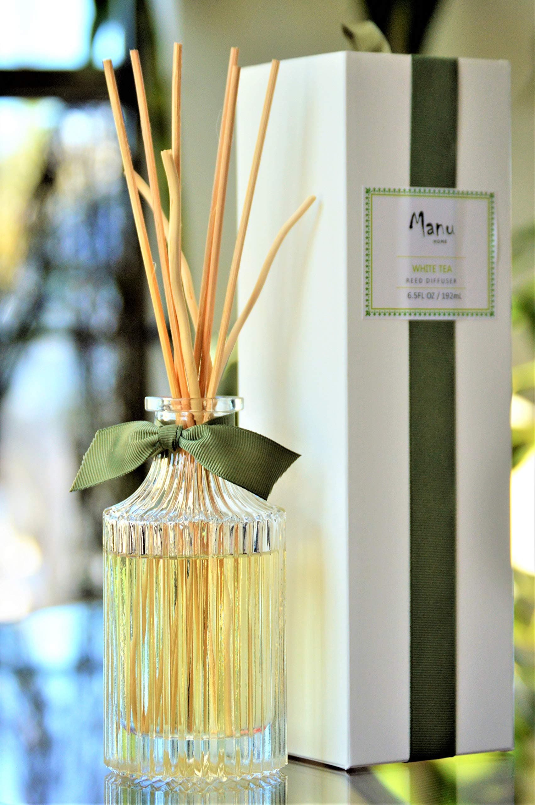 Manu Home White Tea Reed Diffuser Set - 6.5 oz Natural Reed Diffuser Sticks | Aromatherapy Oils | Subtle Notes of Woody Cedar and Vanilla | Made in USA