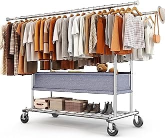 HOKEEPER Clothing Rack Heavy Duty Clothes Rack for Hanging Clothes Load 625LBS Extendable Double Rod Clothes Rack, Adjustable Rolling Garment Rack with Wheels, Basket & Shelves 71.2''W*23.6''D*68.5''H