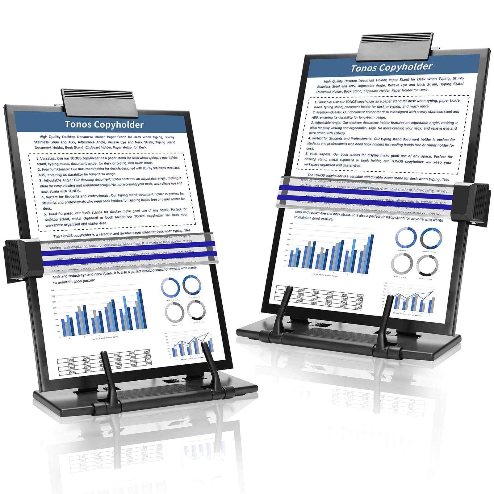 TONOS Copyholder 2 PC- High Quality Metal Desktop Document Holder, Paper Stand for Desk When Typing, Sturdy Stainless Steel, Adjustable Angle, Relieve Eye and Neck Strain, Typing Stand Document Holder