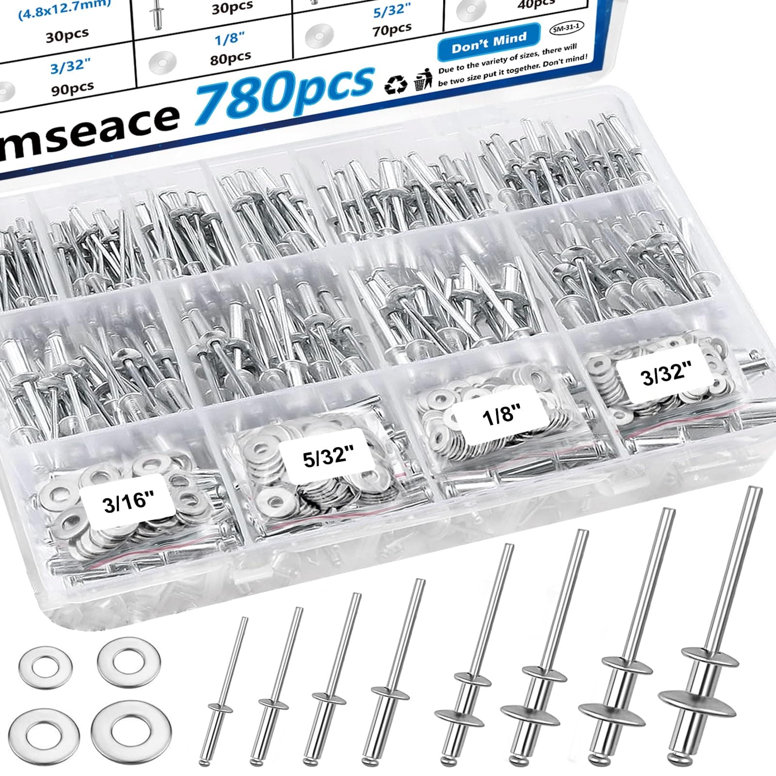 780Pcs Pop Rivets with Washers Assortment Kit - 14-Sizes SAE Rivets for Metal 3/32" 1/8" 5/32" 3/16" 1/4" 5-Sizes 304 Stainless Steel Washers for Metal, Furniture, Automotive, Instrument