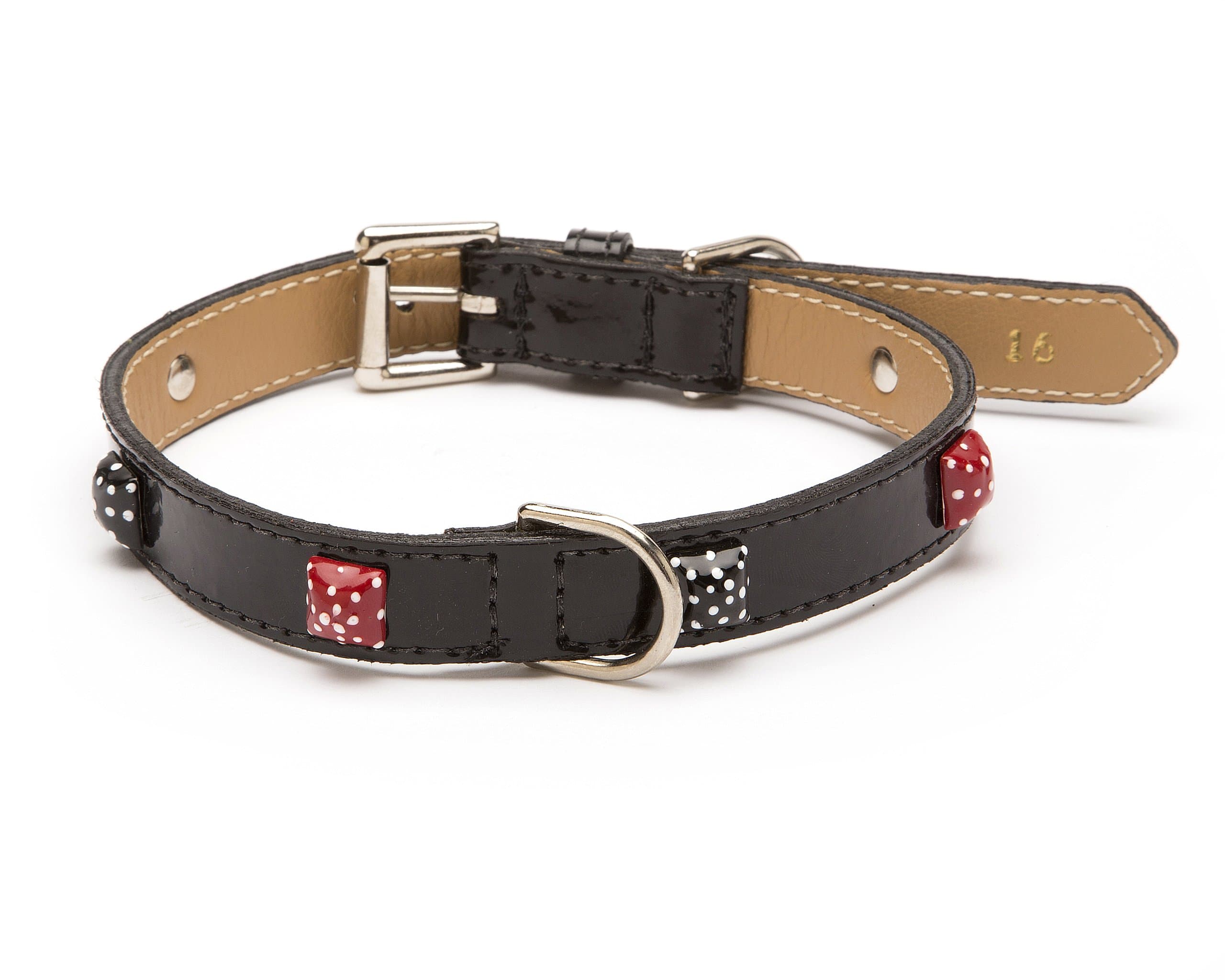 POOCHEE DESIGNS LV Pyramid Dot Straight Dog Collar, Medium Size 11-14, Black Patent with Black and Red Enamel Pyramids