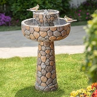 2-Tier Stone Like Outdoor Water Fountain with Birds, Bird Bath Outdoor Waterfall Fountain Decor, Freestanding Water Fountains with Pump for Garden Yard Patio Porch, 24.41”H