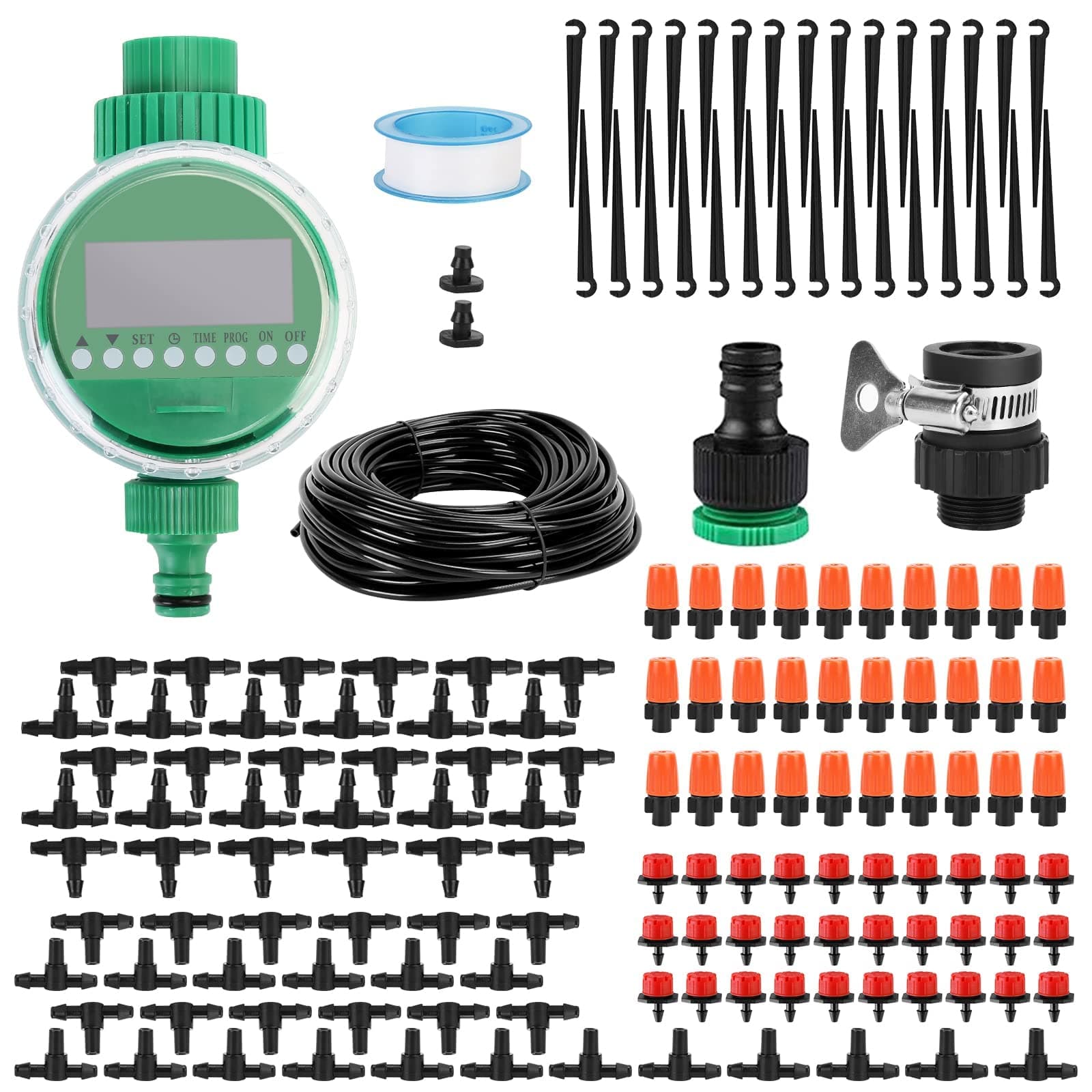 SubClap Drip Irrigation Kit with Timer, 158PCS Garden Irrigation System with Adjustable Nozzle Sprinkler, 82ft/25M Distribution Tubing Watering Drip Kit for Garden,Flower Bed, Patio, Lawn