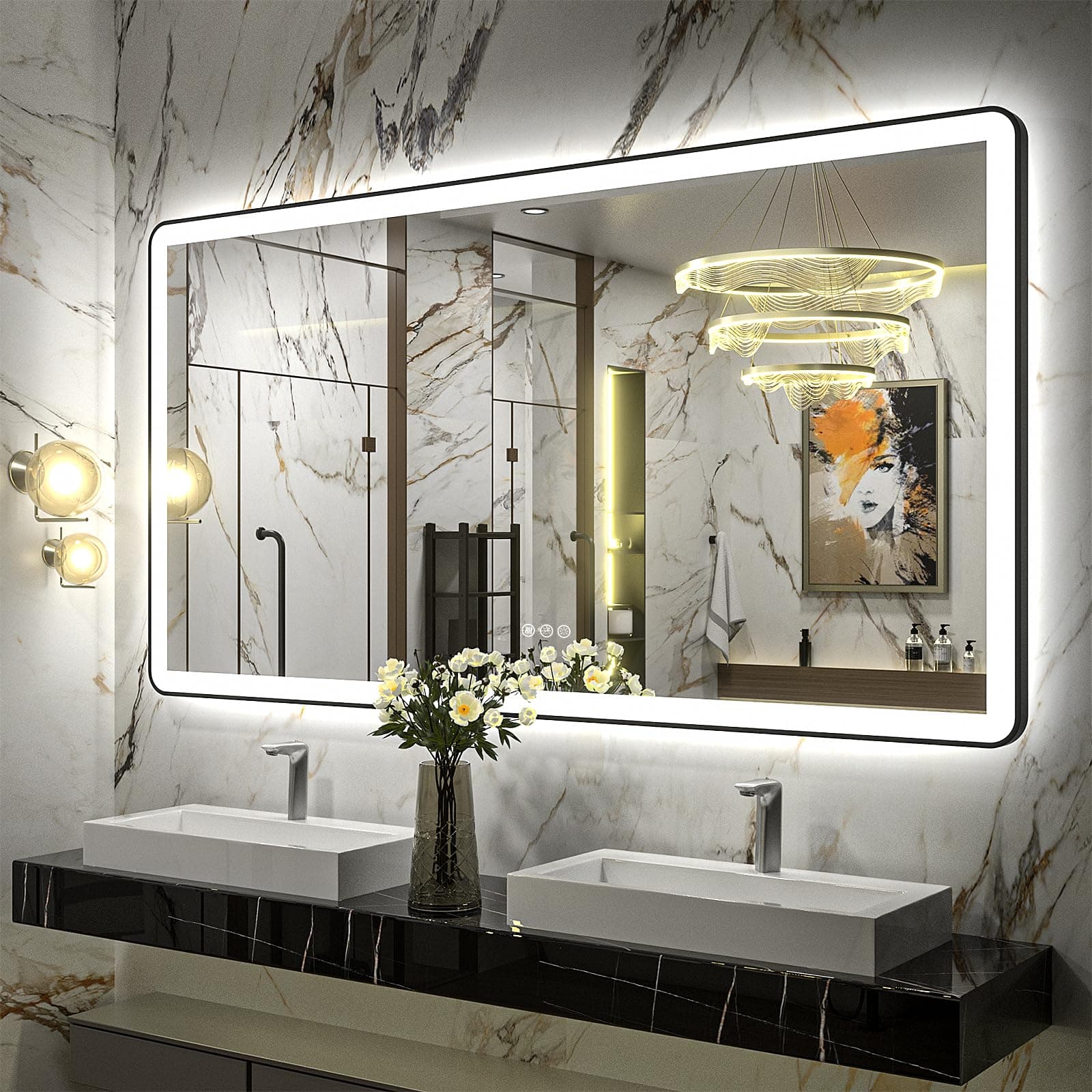 55"x30" LED Bathroom Mirror with Black Frame, Dimmable Framed Vanity Mirror with Lights, Independent Backlit and Front Lighted Mirror for Wall, Anti-Fog Shatterproof, ETL Listed