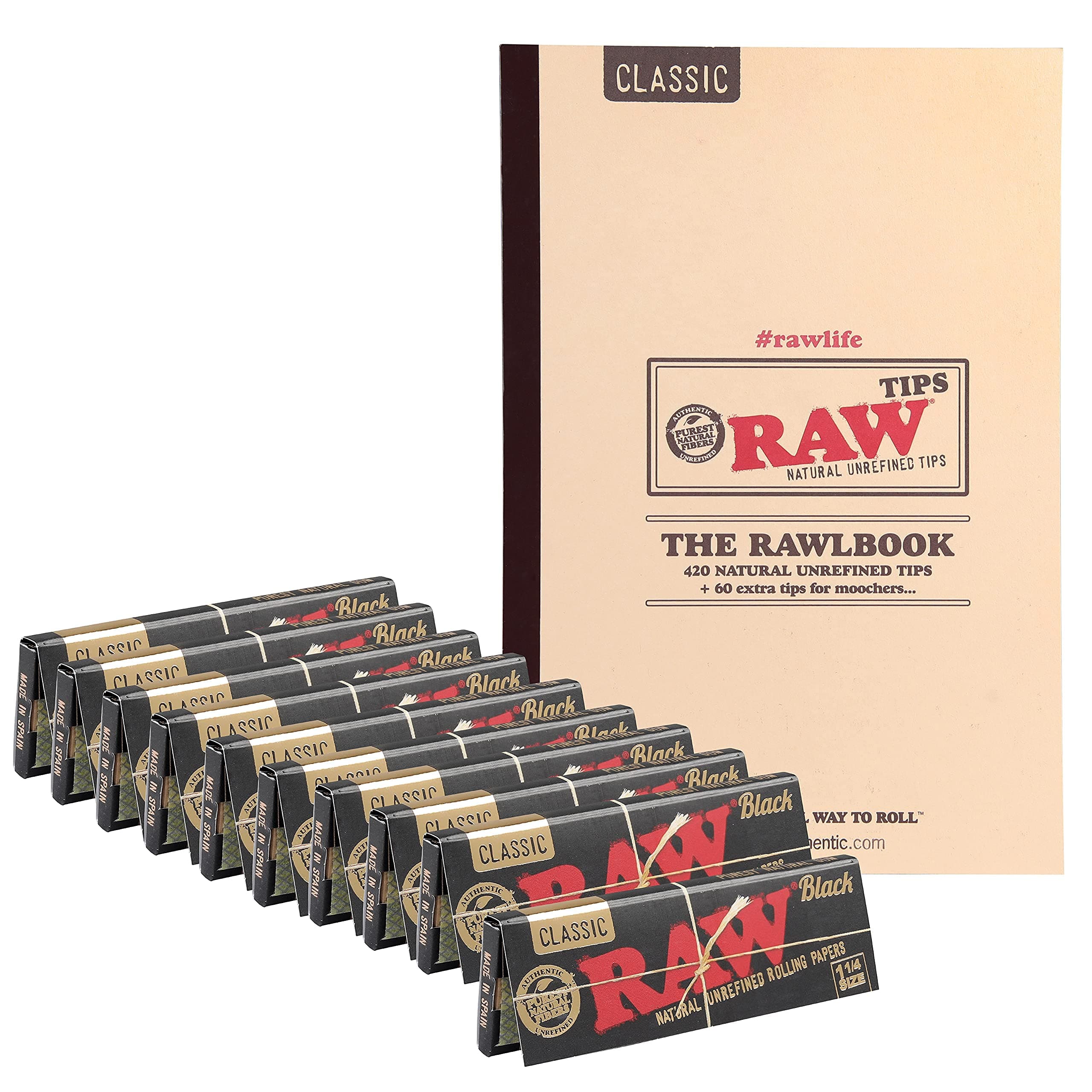 RAW Rolling Papers Black Bundle Kit for Raw Cones 1 ¼ - Natural Unrefined Ultra Thin 79mm – Kit Includes Raw Papers (10 pack) + Rawlbook Unbleached Filter Raw Tips + Puflax Truck Sticker
