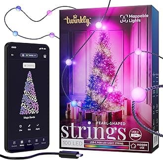 Twinkly Strings USB-C Pearls 100 LED, Pearl Shaped LED Light String, Christmas Lights, RGB Multicolor LED Lights, Mappable LEDs, Compatible with Alexa, Google Home, USB-C Power, Green Wire, 6m