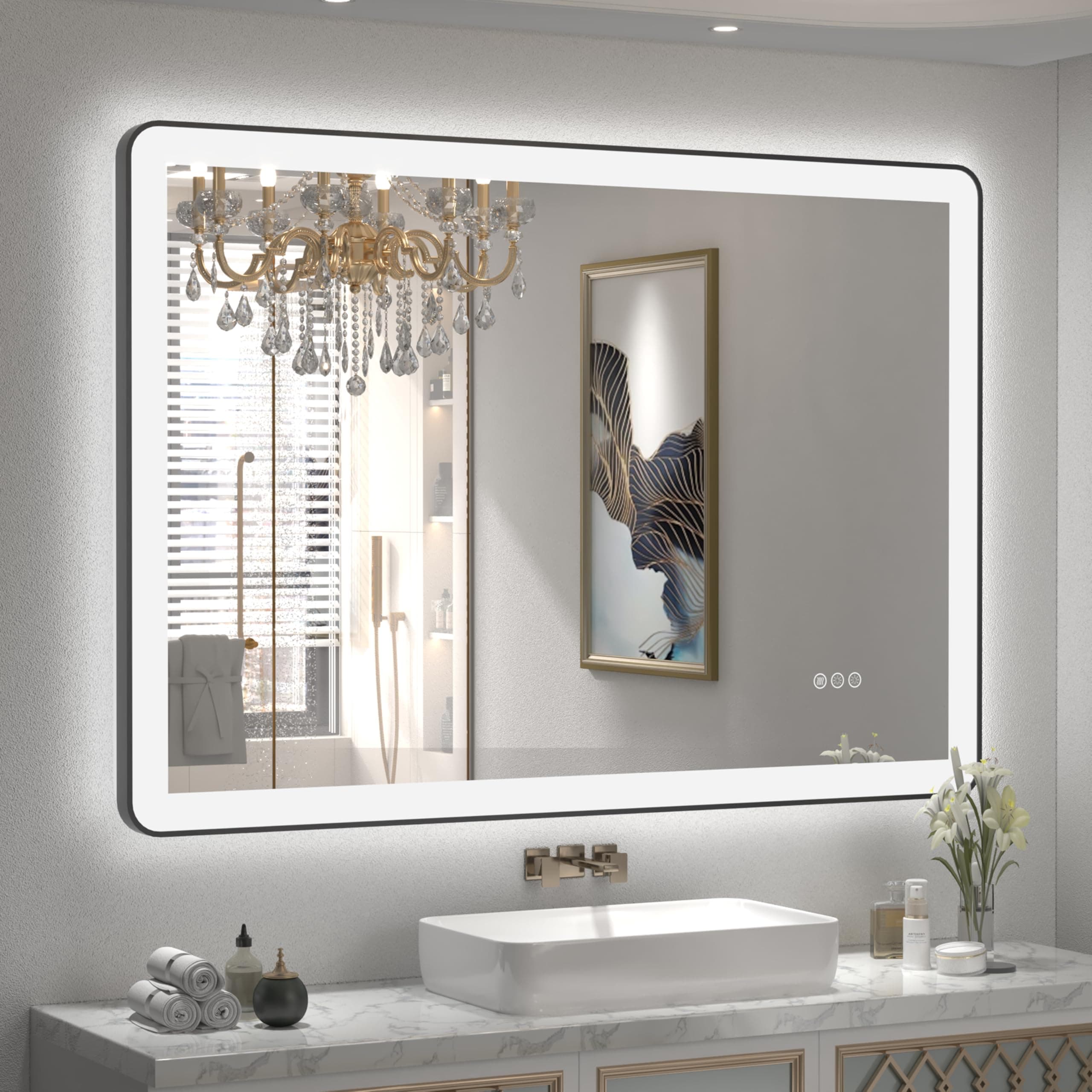 44"x36" LED Lighted Bathroom Mirror with Independent Backlit+Front Lights, Black Framed Vanity Mirrors with Lights, 3 Colors, Anti-Fog, Shatterproof, Memory, ETL Listed