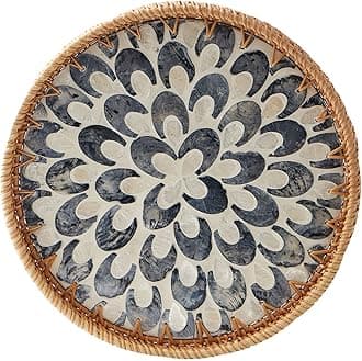 Kmelep Round Rattan Tray with Mother of Pearl Inlay, Rattan Serving Tray with Wooden Base, Decorative Wicker Basket for Table Decor, Storage and Display of Coffee Bread Food Fruit (Plume)