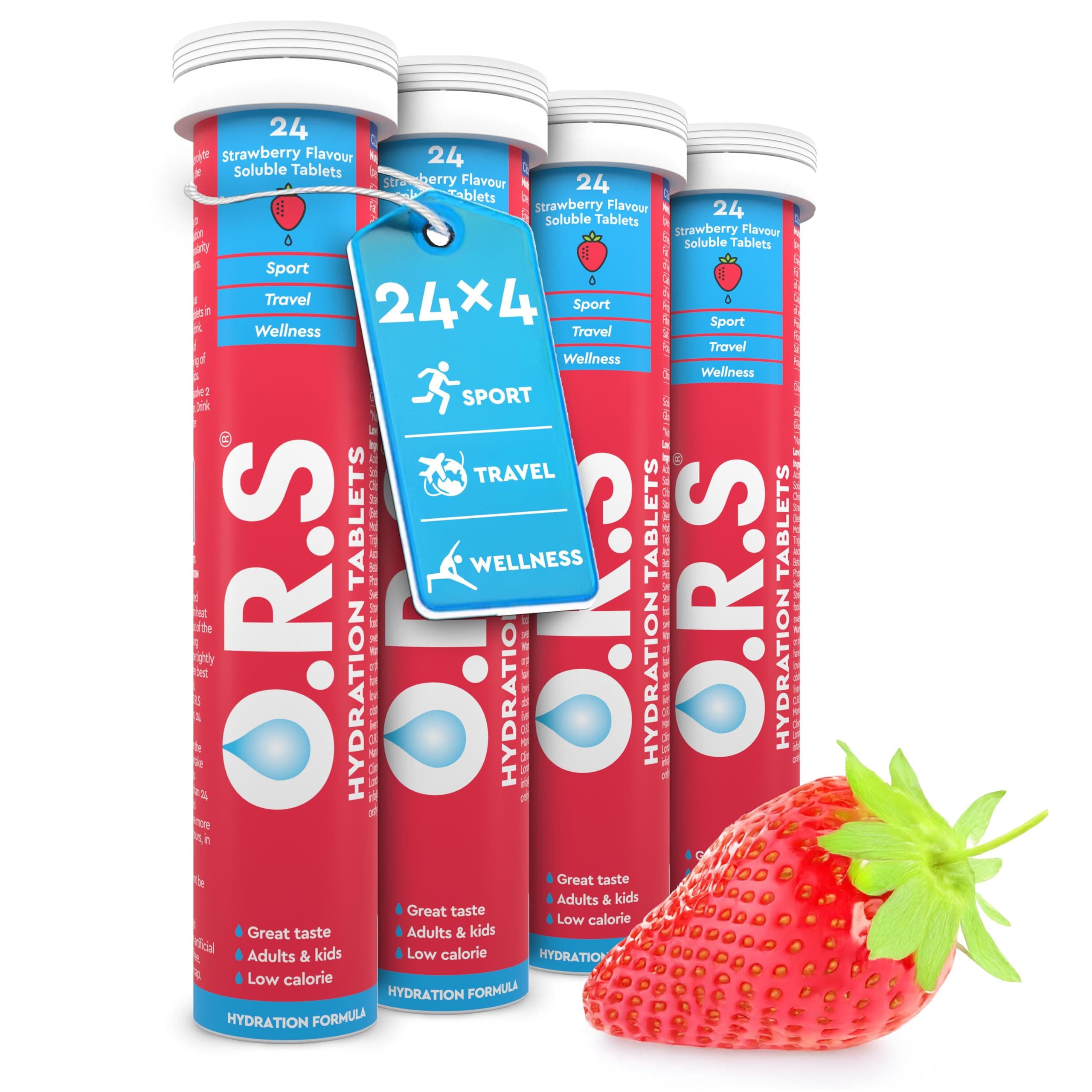 Hydration Tablet with Electrolytes for Rehydration, Wellness, Travel, Sports & Recovery | Vegan, Gluten-Free & Low-Calorie Electrolyte Tablets with Natural Strawberry Flavour, 96 Tablets