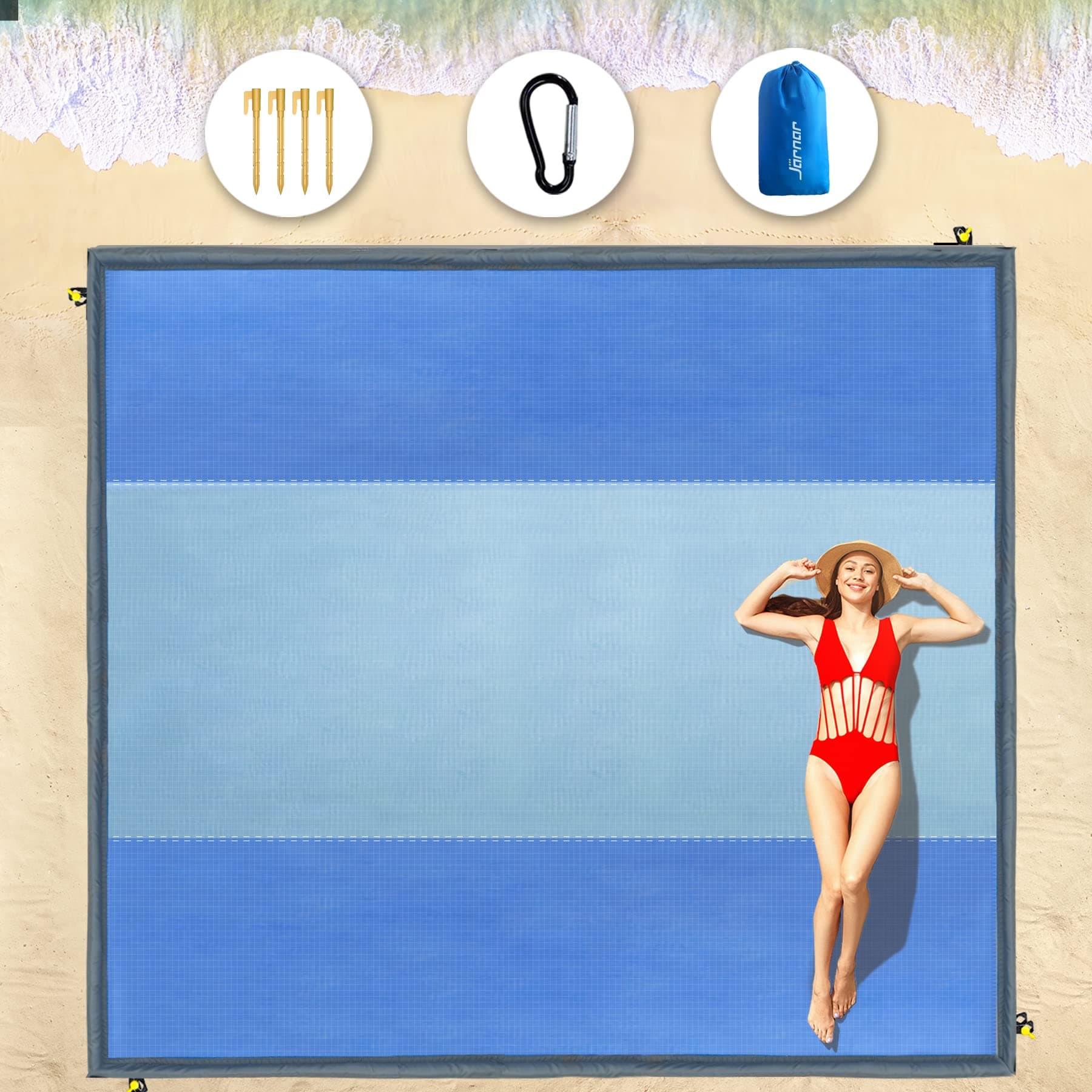 Beach Blanket Waterproof Sandproof, 80”x60 Oversized Beach Mat for 3-5 Adults, Extra Large Quick Drying, Lightweight & Durable Picnic Blankets with 4 Stakes and Travel Bag for Camping Hiking