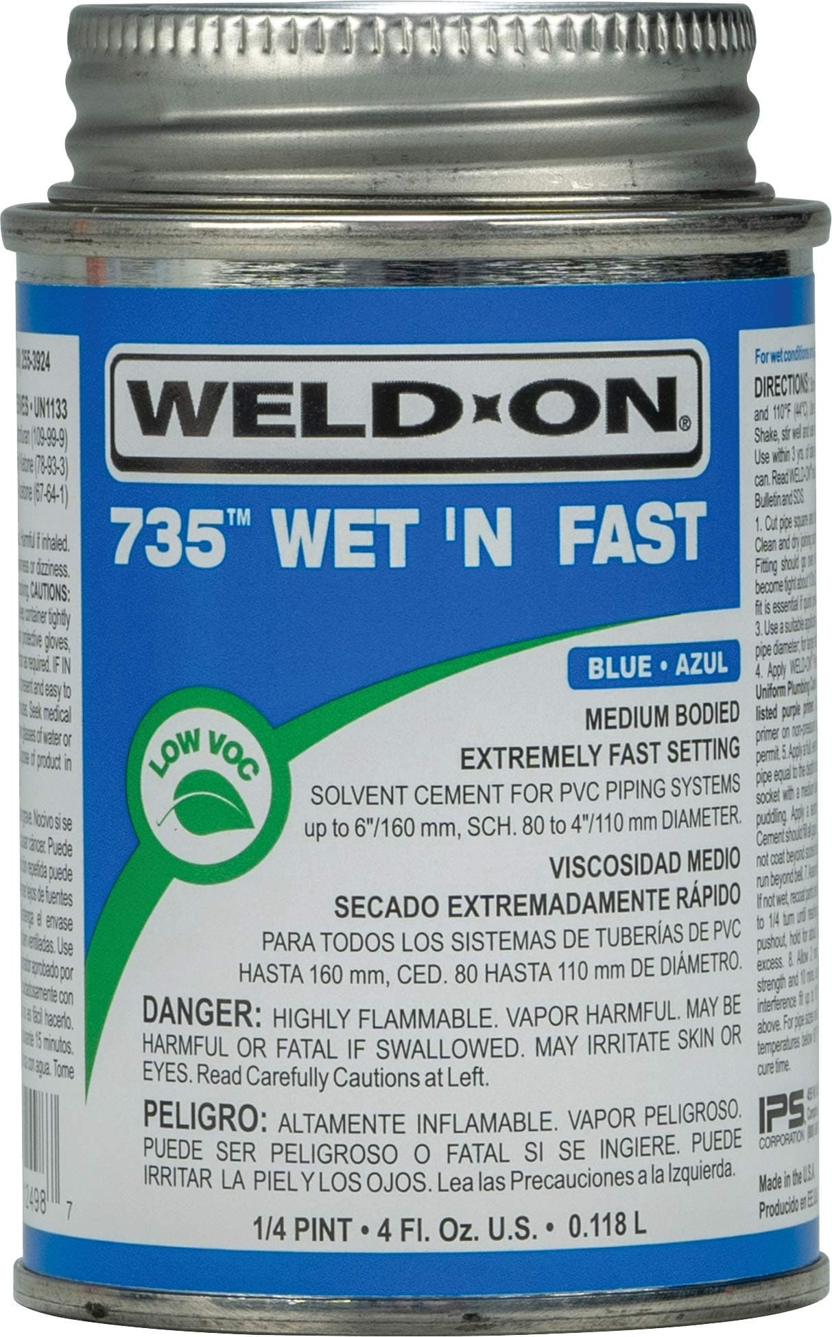 IPS Weld-On 12498 735 Wet 'N Fast Medium-Bodied High Strength PVC Cement - Extremely Fast Setting and Low-VOC, Blue, 1/4 Pint (4 fl oz)