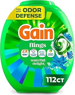 Gain Flings Liquid Washing Detergent Pacs, Now with Odor Defense + Color Guard, Waterfall Delight Scent, 4-In-1 Liquid Laundry Detergent Pods, Clean & Fresh, 112 Count (Packaging May Vary)