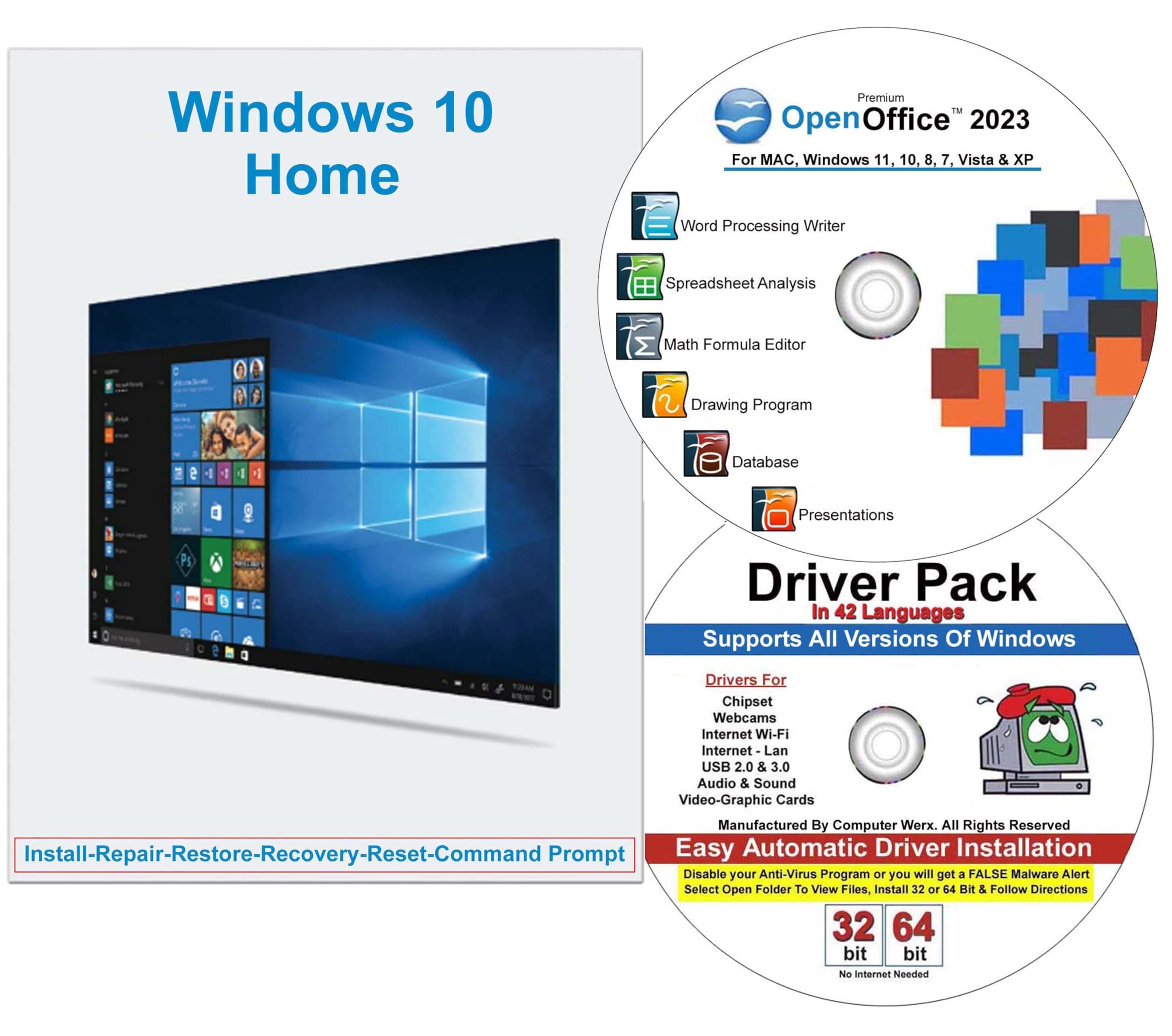 9th & Vine Compatible with Windows 10 Home 32/64 DVD with Key Install, Recover, Restore, Repair DVD Plus Drivers Pack and Open Office 2023, 3PK