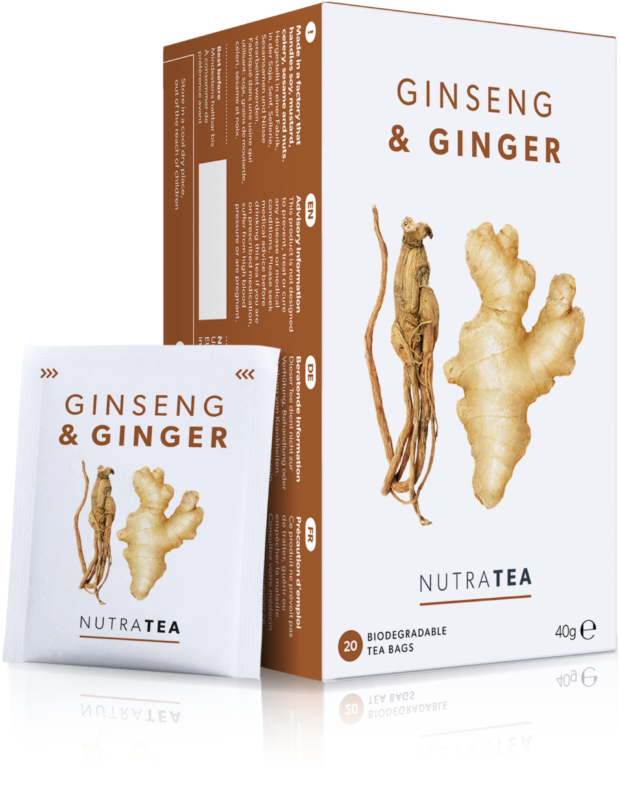 Nutra Tea Ginger & Ginseng Tea | Ginger Tea - 50% Ginger & 50% Ginseng Herbal Infusion - Caffeine Free, Natural Herbal Blend - 20 Individually Wrapped, Reusable Tea Bags (1 Pack)