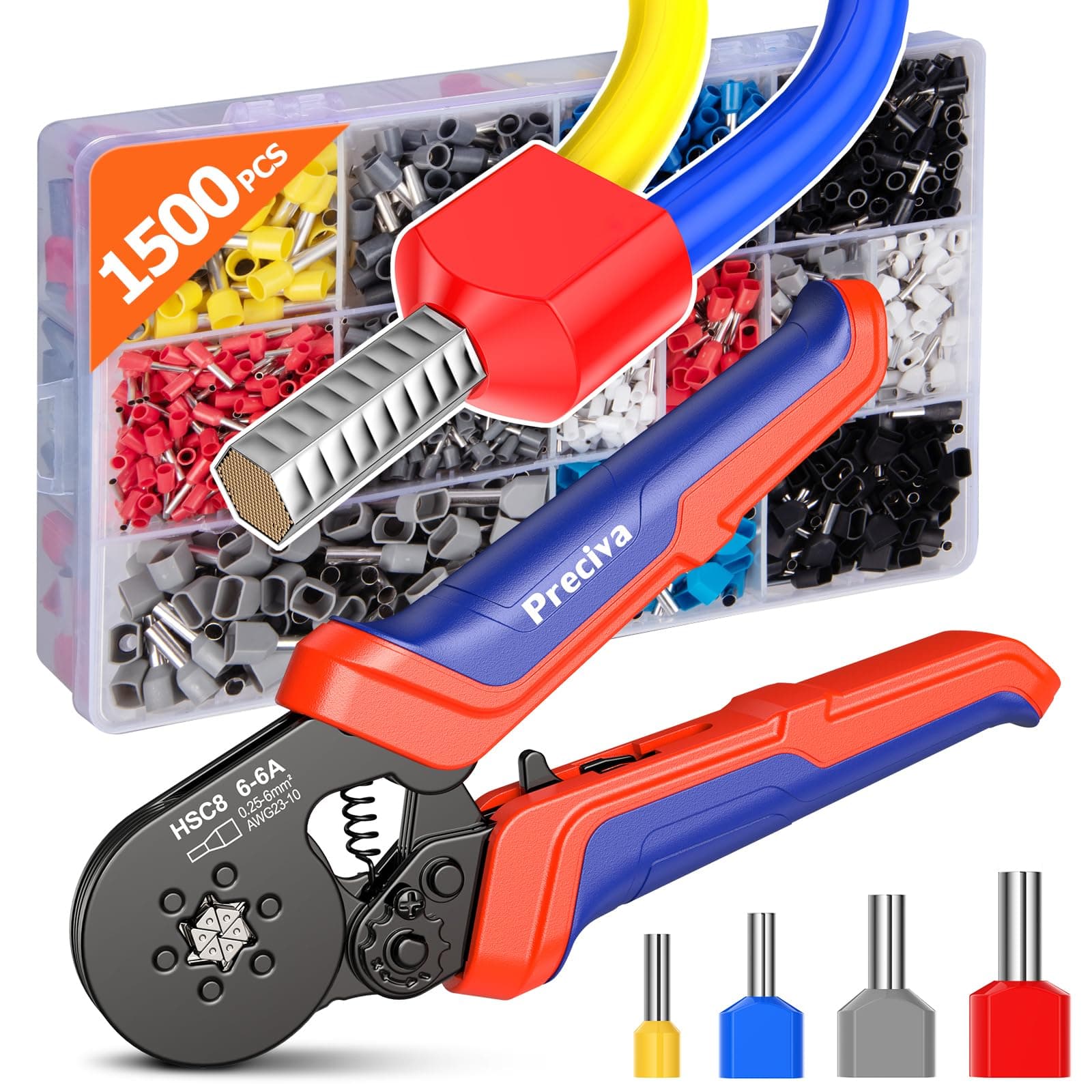 Ferrule Crimping Tool Kit, Preciva Upgrade Double & Single Ferrules Connectors of 1500PCS, Hexagonal Sawtooth Self-Adjustable Ratchet AWG23-10 (0.25-6mm²) Wire Terminals Crimper Kit
