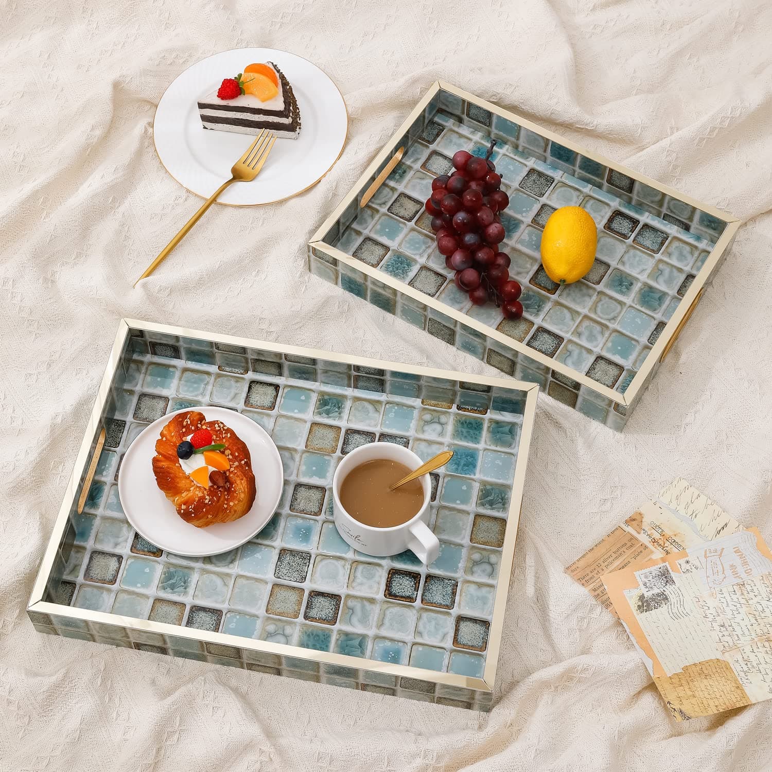 HOKIPO Rectangular Bamboo Wooden Serving Tray with Cut Out Handles, Set of 2 (NEW-4456)