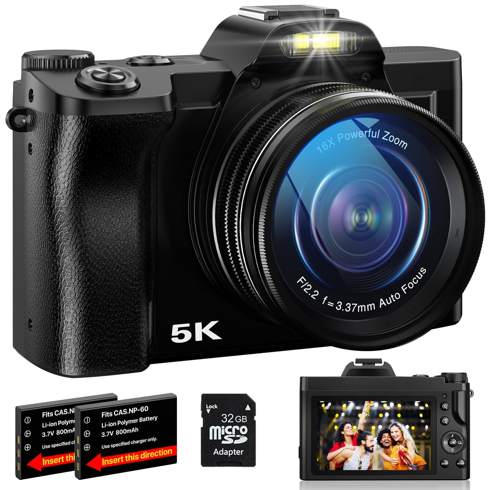 5K Digital Camera WiFi Autofocus Vlogging Camera for YouTube 48MP Camera for Photography and Video, 3.5" Screen Travel Camera with UV Filter, Anti-Shake,16X Digital Zoom,32GB SD Card,2 Batteries