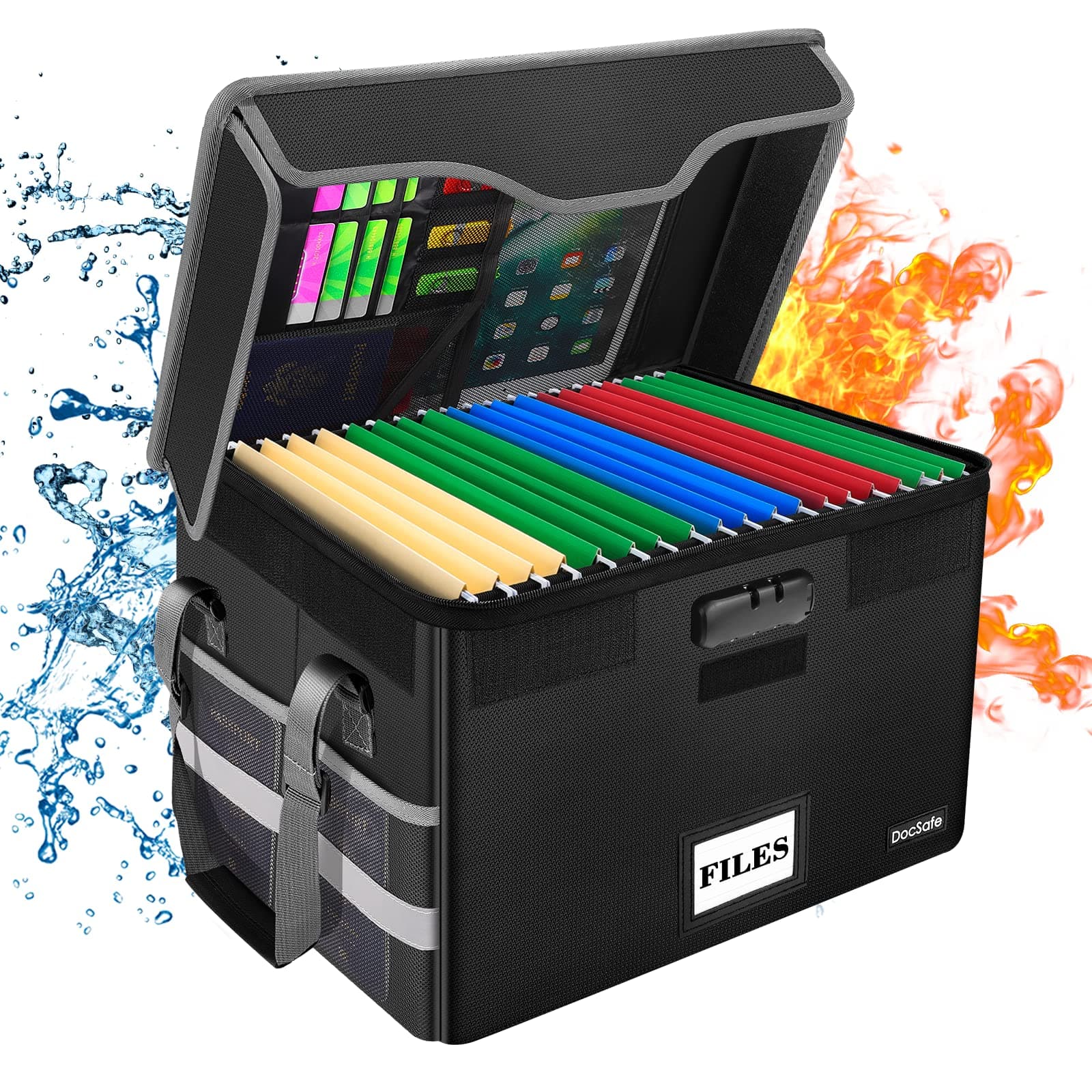 File Box Fireproof Document Box with Lock,File Storage Organizer Box with Mesh Pockets,Collapsible Portable File Box Home Office File Cabinet with Handle for Hanging Letter/Legal Folder,Black