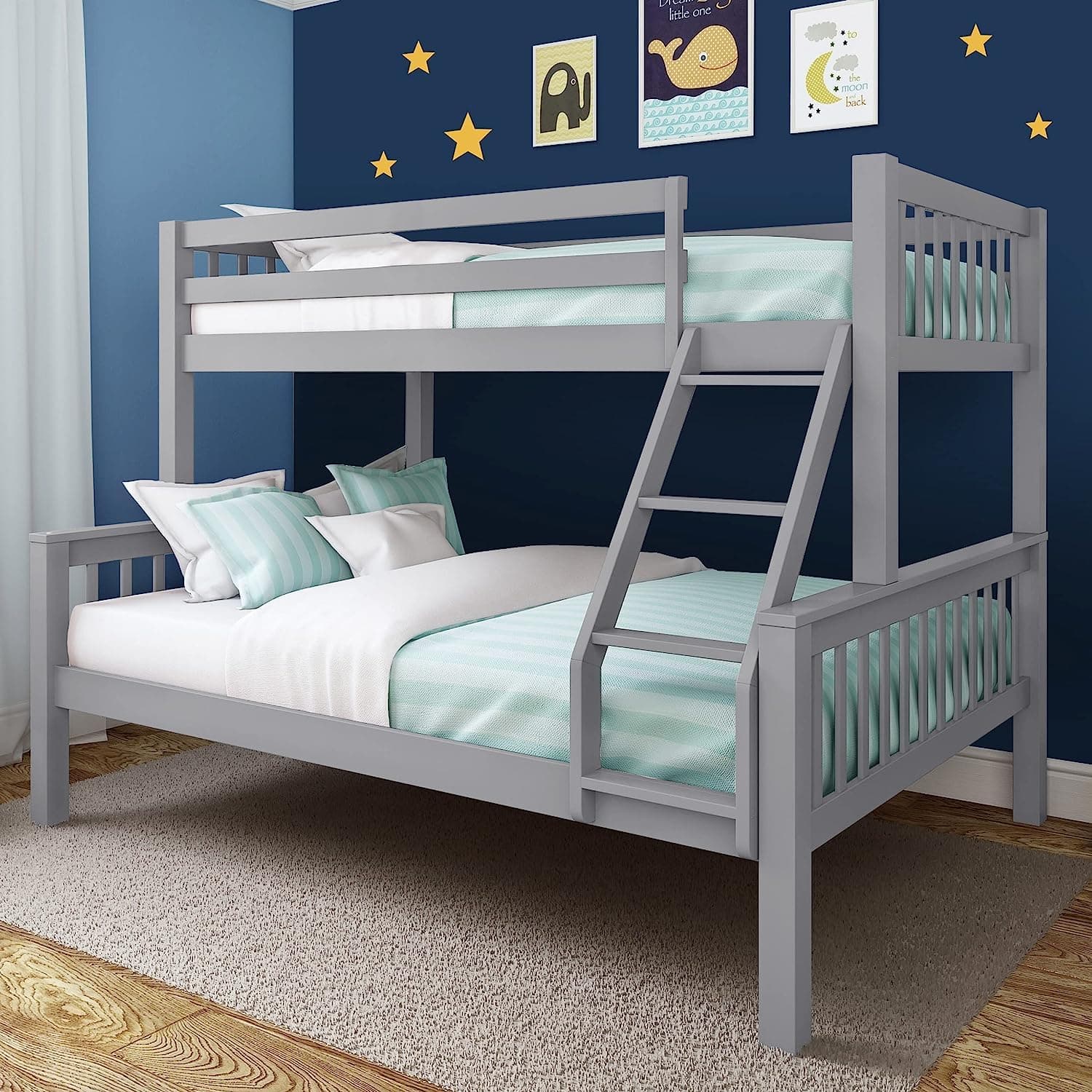 Triple Bunk Beds for Kids, 4ft6 Double Bed Frame Pine Wood, 3ft Single Wooden Bunk Bed with Stairs, Double Bunk Bed for Kids Children Bedroom, Triple Sleeper Bunk Beds, (Grey L199 Cm X W143 Cm X H144)