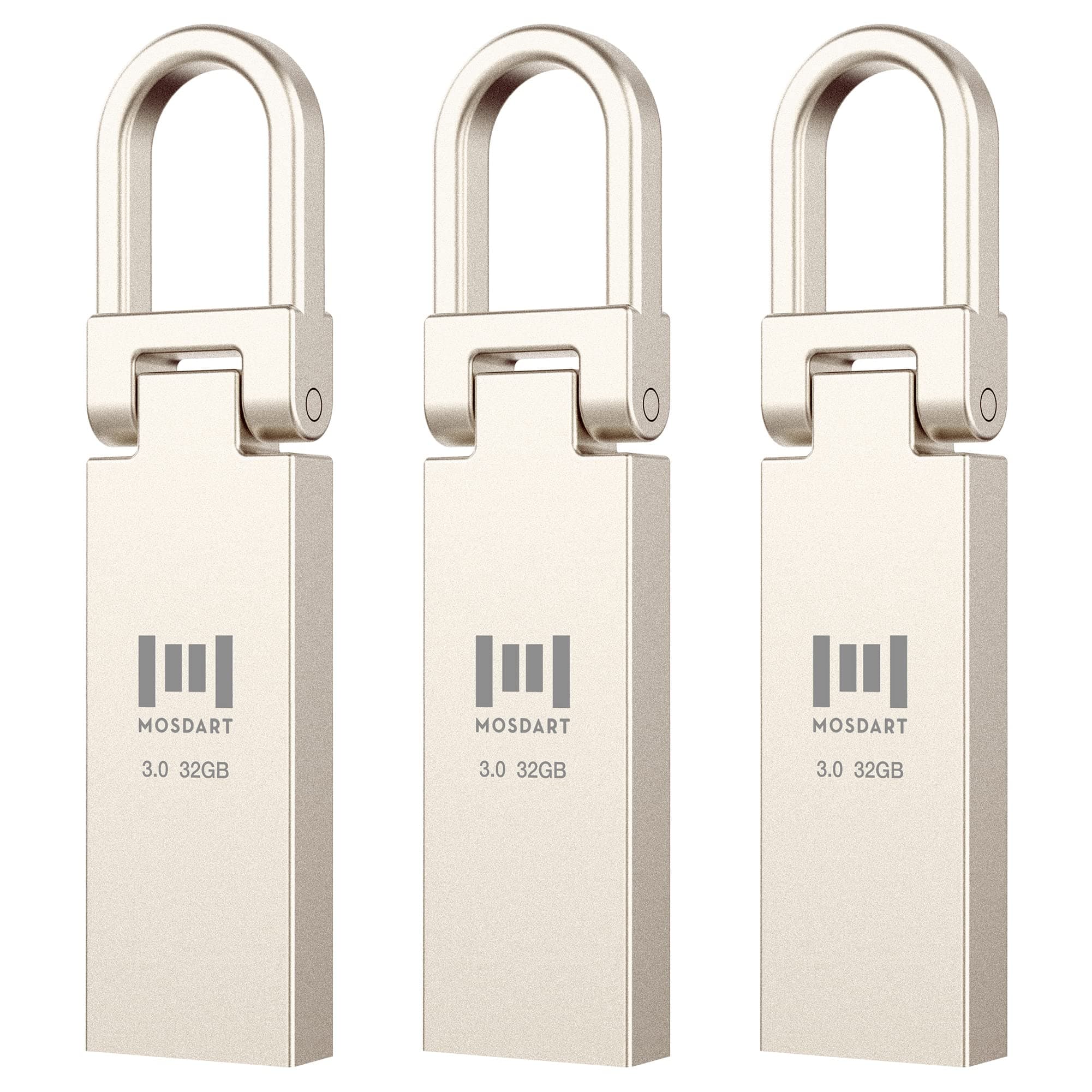 MOSDART USB 3.0 Waterproof 32GB Flash Drives 3 Pack Metal Keychain Data Backup FAT32 Zip Drive Read Speed Up to 90MB/s USB3.0 Thumb Drive, 32 GB Waterproof Jump Drive Memory Stick, Silver