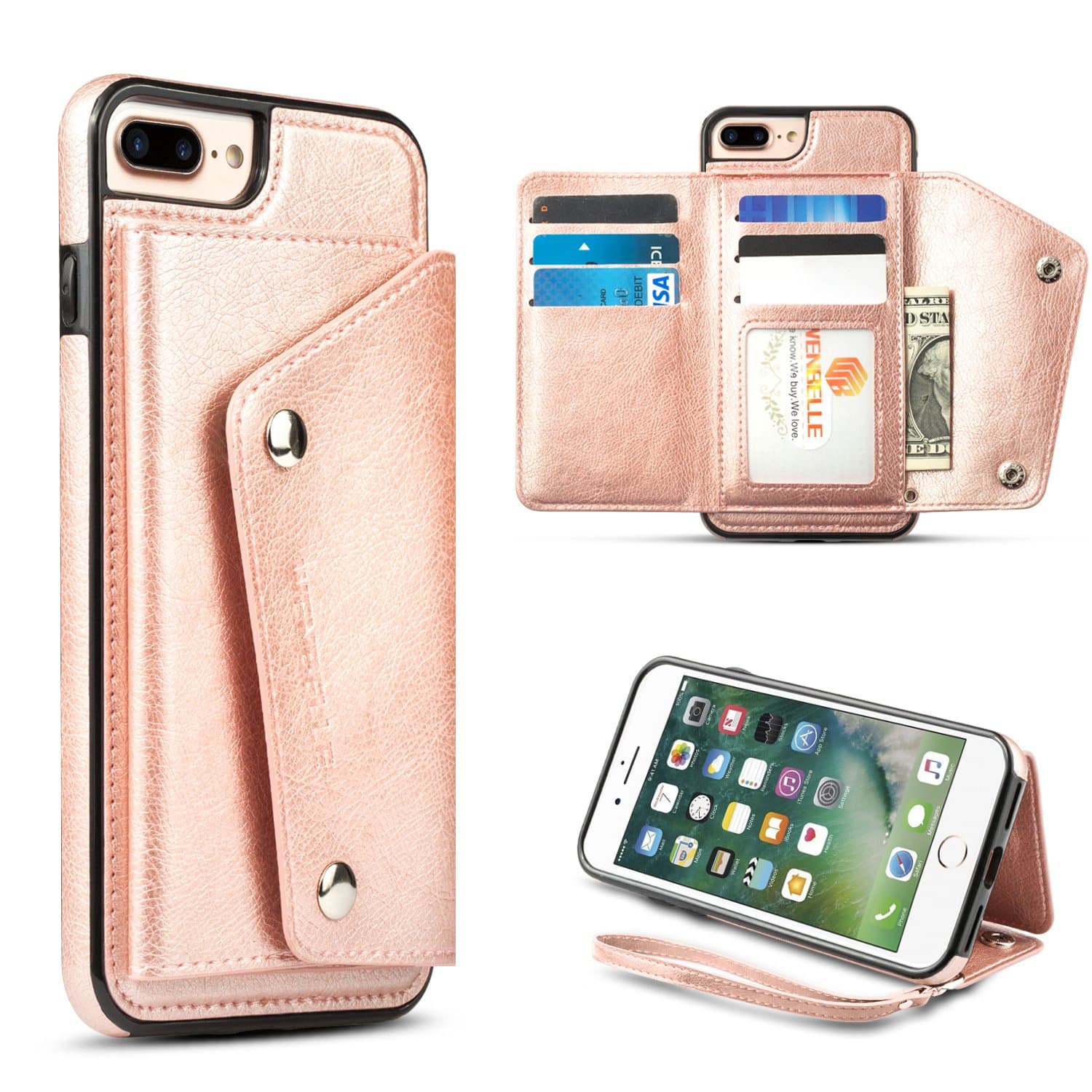 WenBelle for iPhone 8 Plus,iPhone 7 Plus Wallet Case, Leather Case with Credit Card Holder Slot & lanyar,Double Magnetic Clasp and Durable Case for Apple iPhone 7 Plus/8 Plus 5.5 inch (Rose Gold)