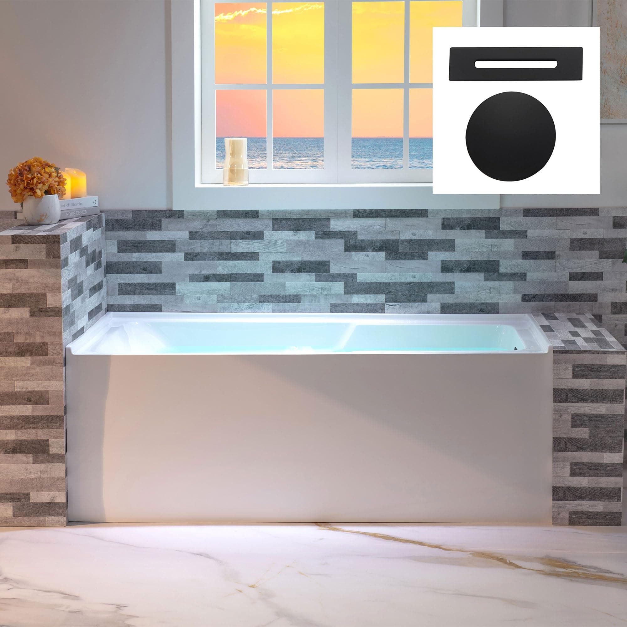 60" Acrylic Rectangular Alcove Soaking Bathtub in White with Right Drain, Matte Black Pop-Up Drain Included BA6030R