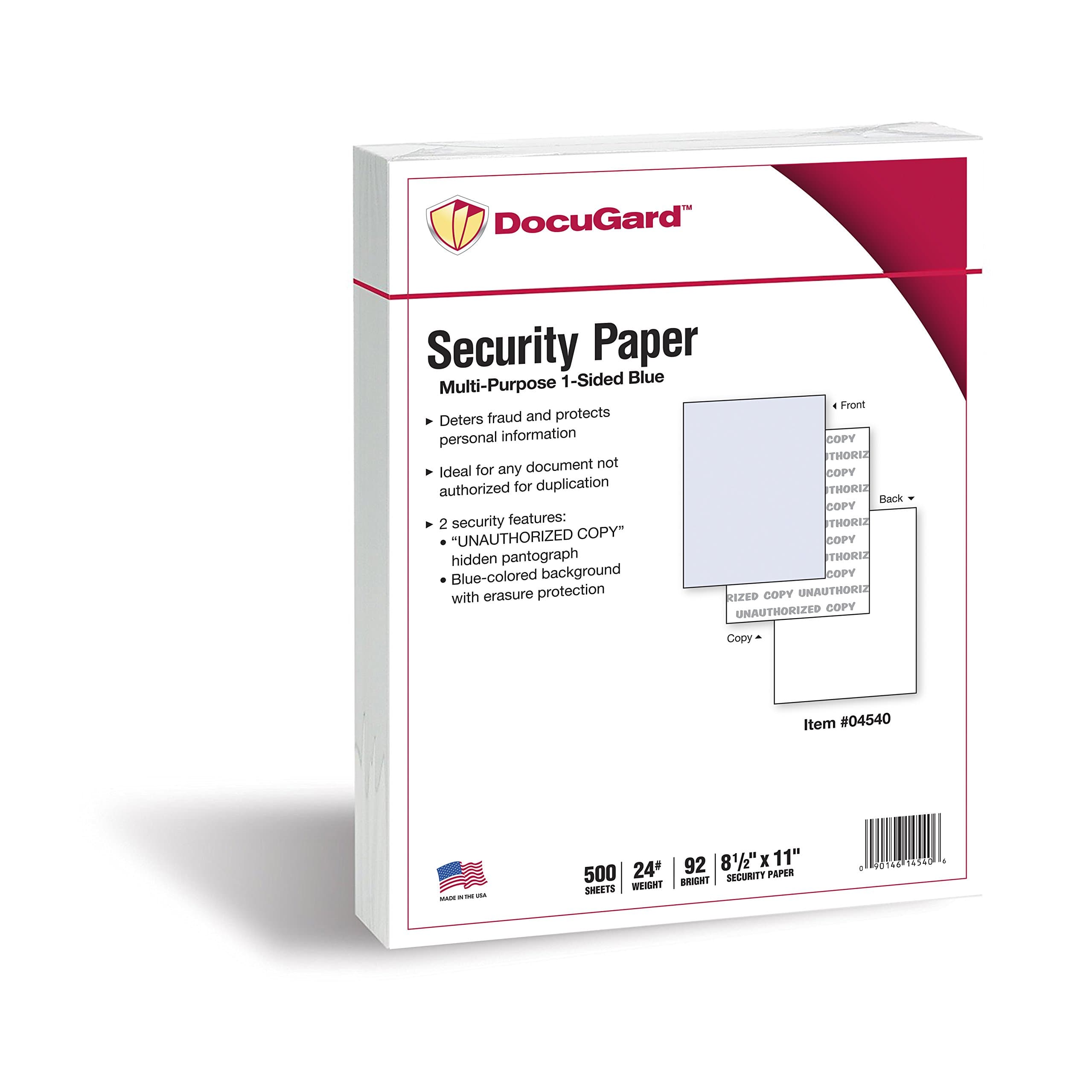Standard Blue Multi-Purpose Security Paper - Fraud Prevention - 2 Security Features - Laser & Inkjet Printer Compatible - 8.5" x 11“ - 24 lb - 500 Sheets (04540)