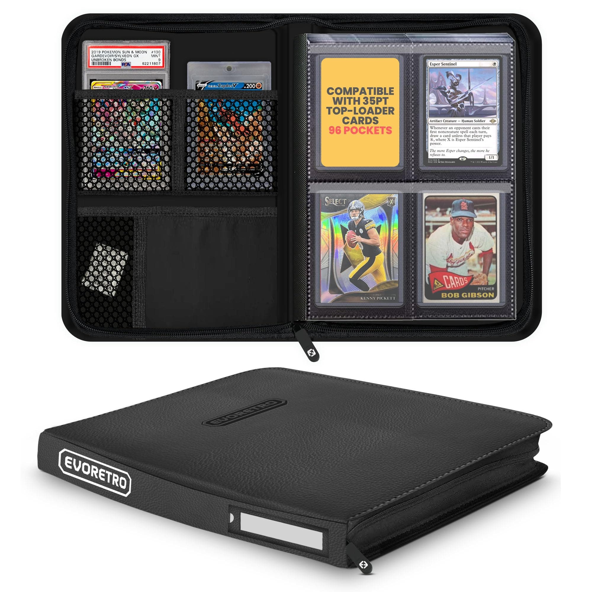 EVORETRO 4 Pocket Top Loader Binder for Pokémon, MTG, Lorcana & Sports Cards – Small Toploader Binder Fits 2x2 Toploaders 35pt–55pt, 96 Slots with 2 PSA Slab Pockets