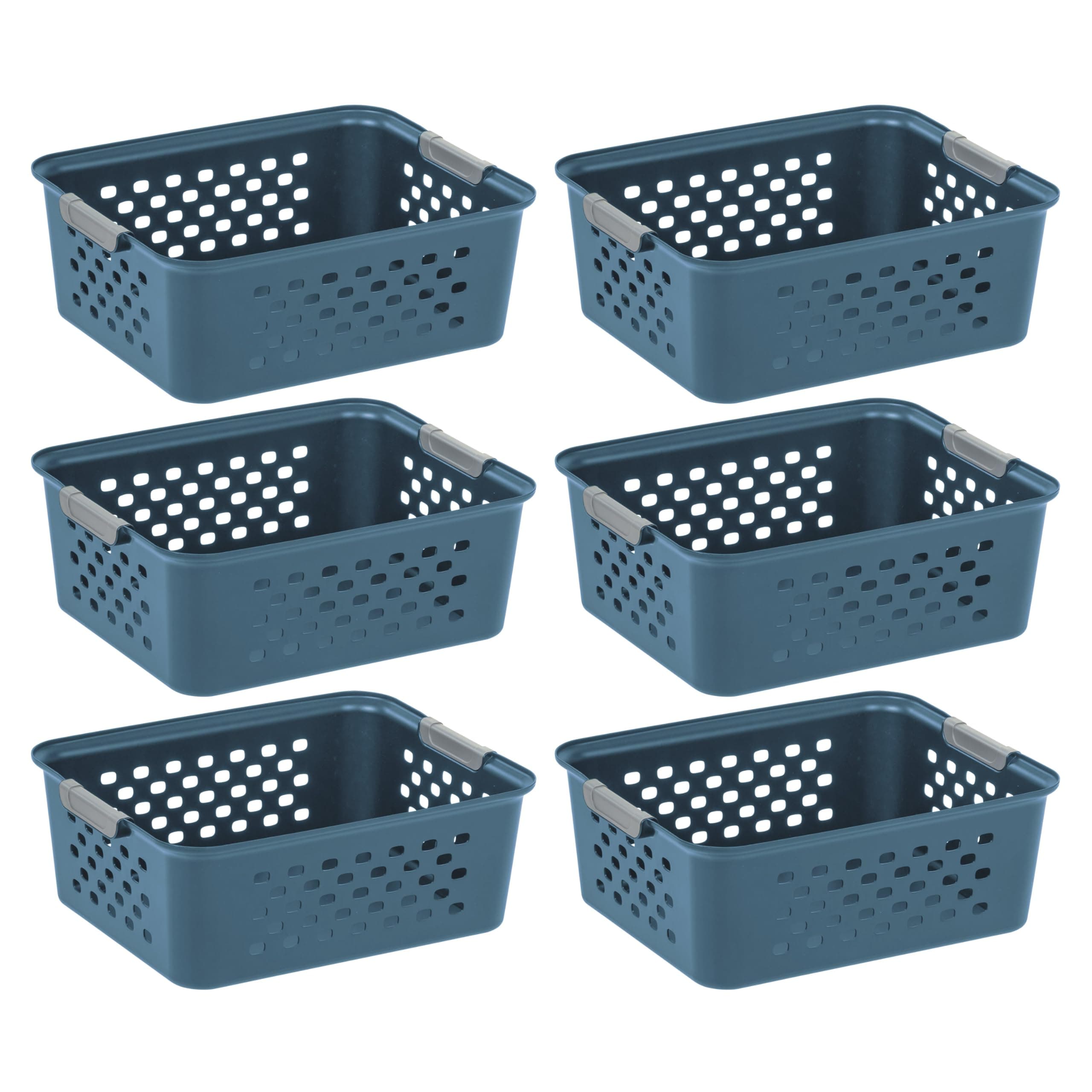 Plastic Storage Basket, 6-Pack, Medium, Shelf Basket Storage Organizer for Pantry, Cabinet, Bedroom, Closet, Laundry Room, Eco-Friendly, Navy