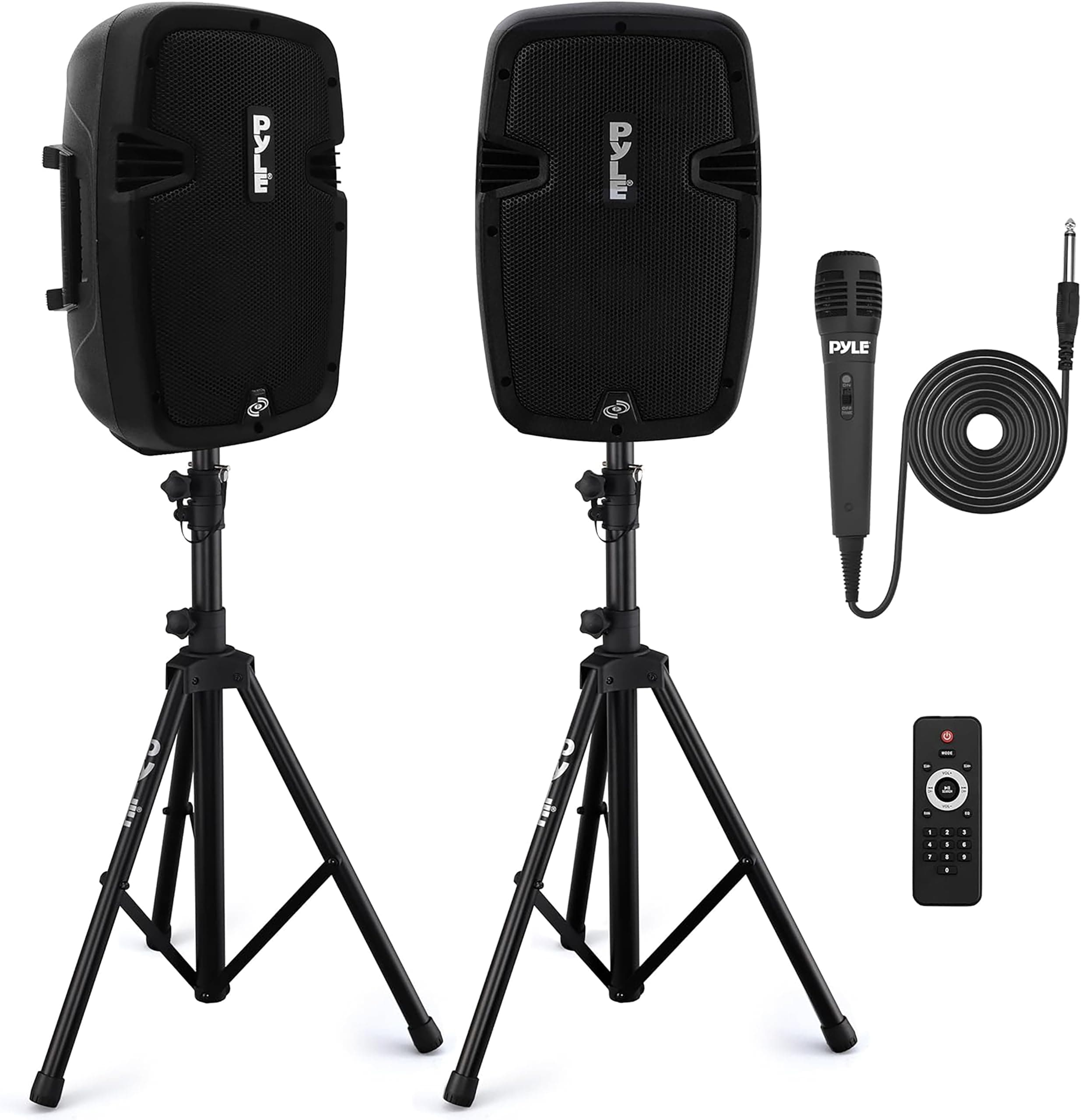 Pyle Powered Bluetooth PA Speaker Kit, Active and Passive 350W Loudspeakers with Wired Microphone, Speaker Stands, Remote Control, Portable Karaoke Machine with Bluetooth Microphone for Singing