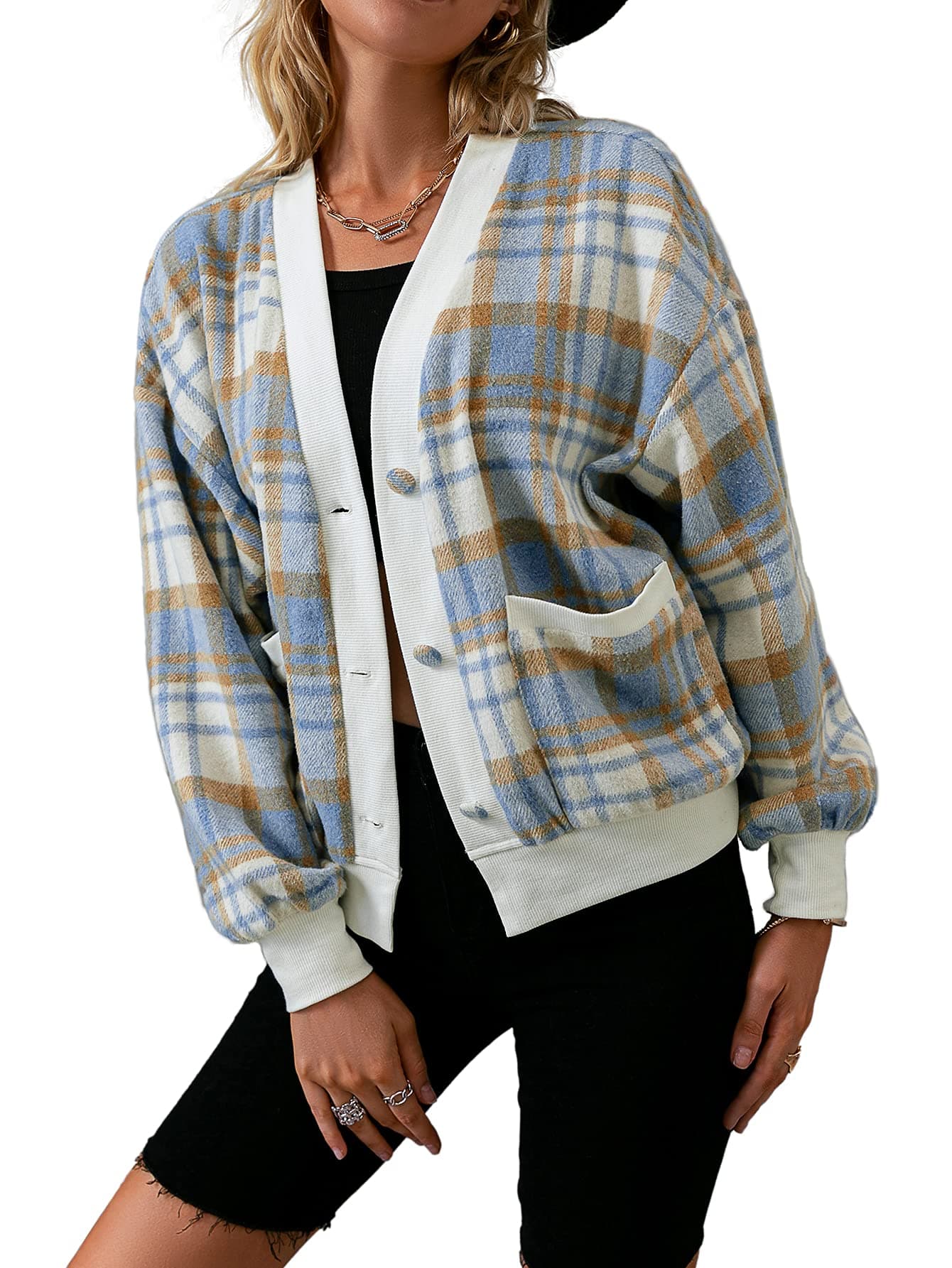 Simplee Women's Oversized Lantern Sleeve Casual Cardigans Plaid Wool Blend Fleece Button Down Shacket Jackets with Pockets
