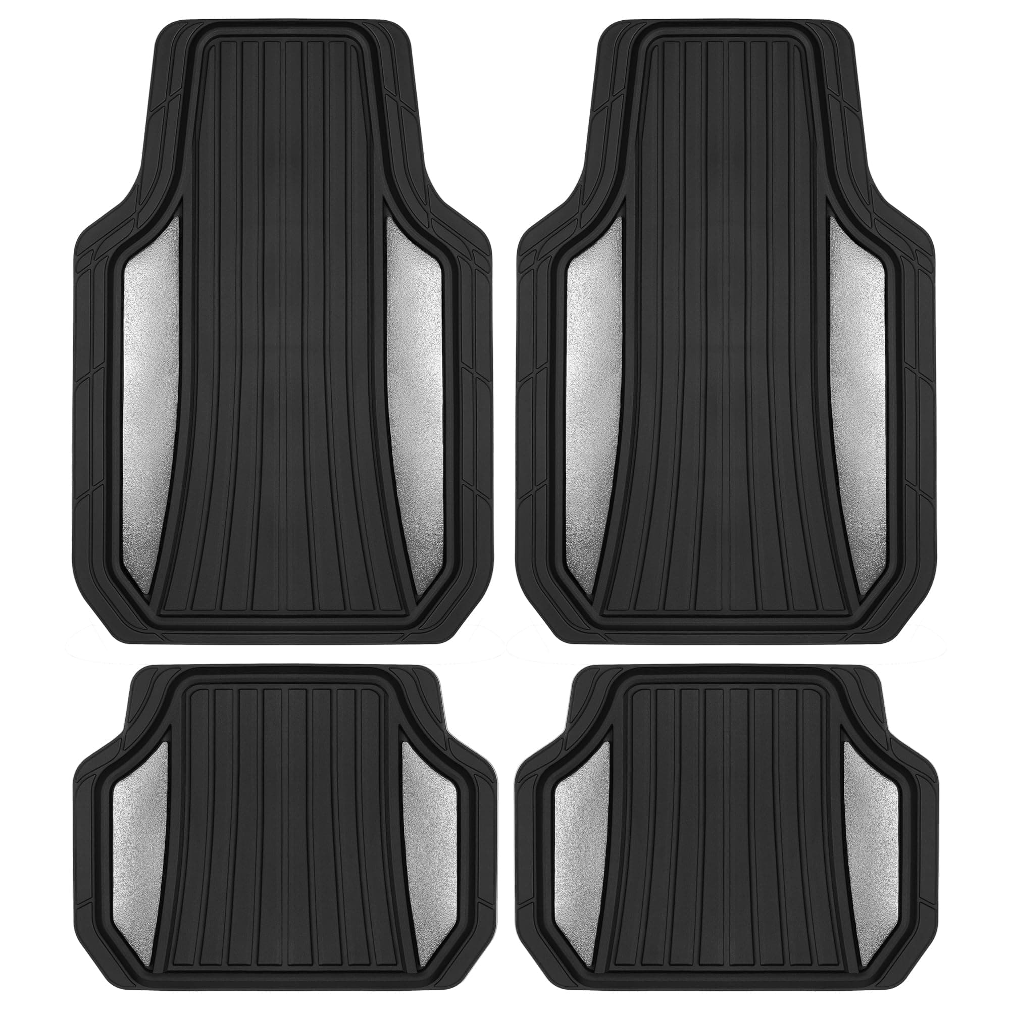 ChromeTech Car Floor Mats Full Set - Durable Rubber Floor Mats for Cars with Two Tone Accent, All Weather Interior Protection for Front and Rear with Non-Slip Backing, Silver Chrome