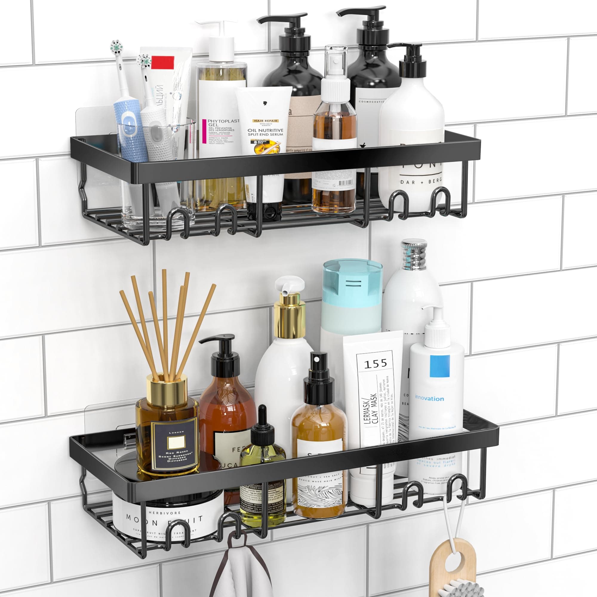 Moforoco Shower Caddy Shelf Organizer Rack, Self Adhesive Black Bathroom Shelves Basket, Home Farmhouse Wall Shower Inside Organization and Storage Decor Rv Accessories, First Apartment Essentials