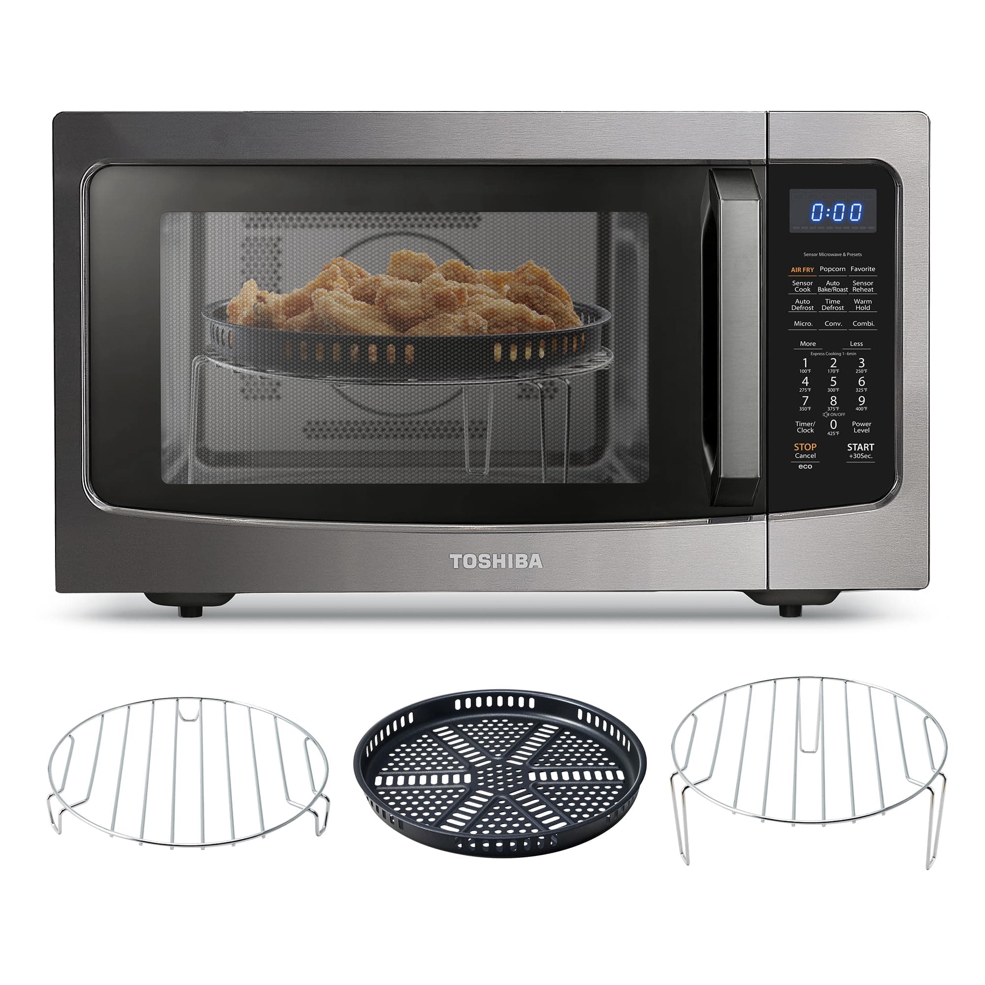 Toshiba Air Fryer Combo 4-in-1 Countertop Microwave Oven, Smart Sensor, Convection, Mute Function, Position Memory 13.6" Turntable, 1.5 Cu Ft, 1000W, Black, ML-EC42P(BS)