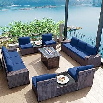 Kullavik 13 Pieces Outdoor Patio Furniture Set with 43" 55000BTU Gas Propane Fire Pit Table PE Wicker Rattan Sectional Sofa Patio Conversation Sets,Navy Blue