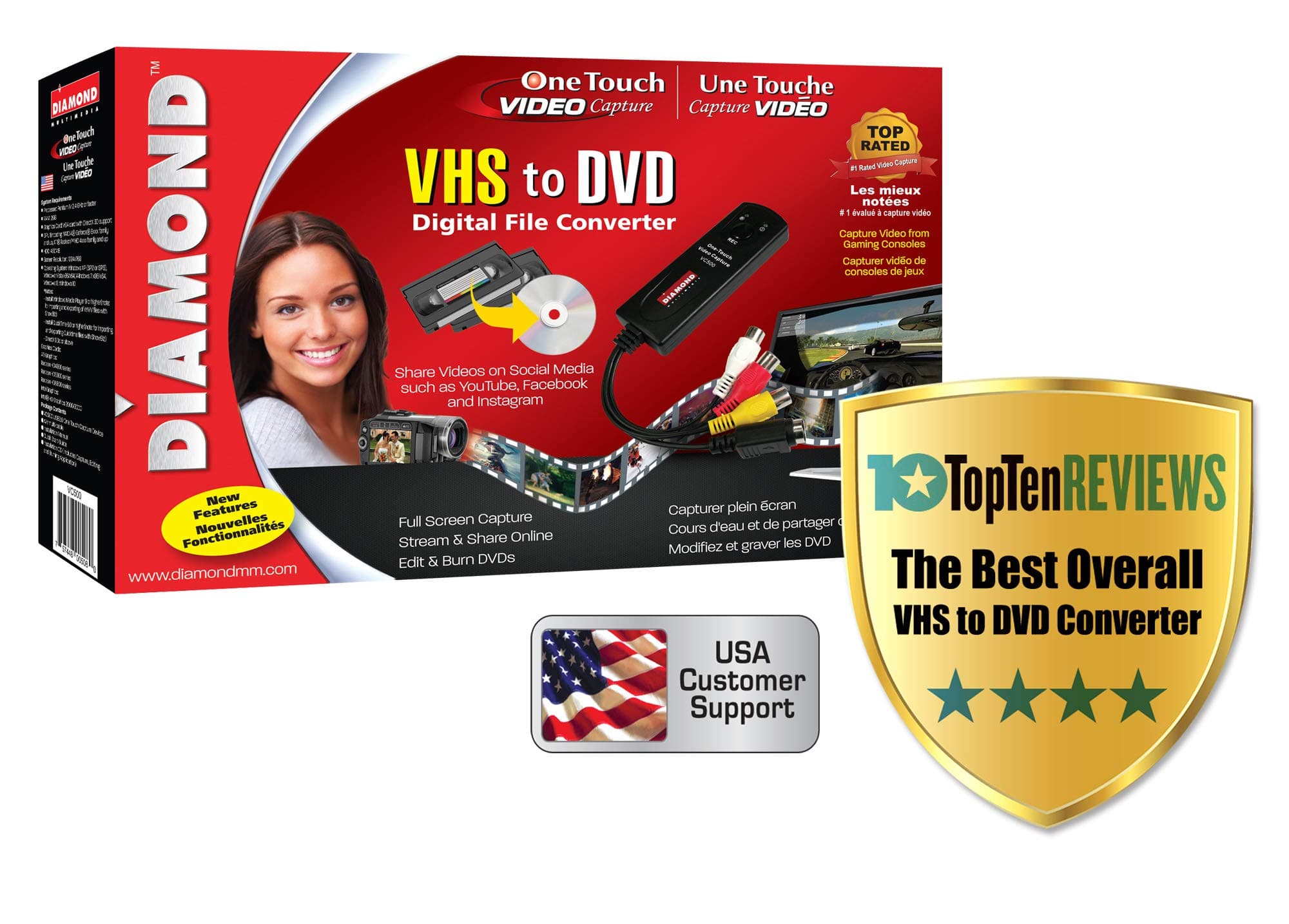 Diamond VC500 USB 2.0 One Touch VHS to DVD Video Capture Device with for Win7, Win8 & Win10