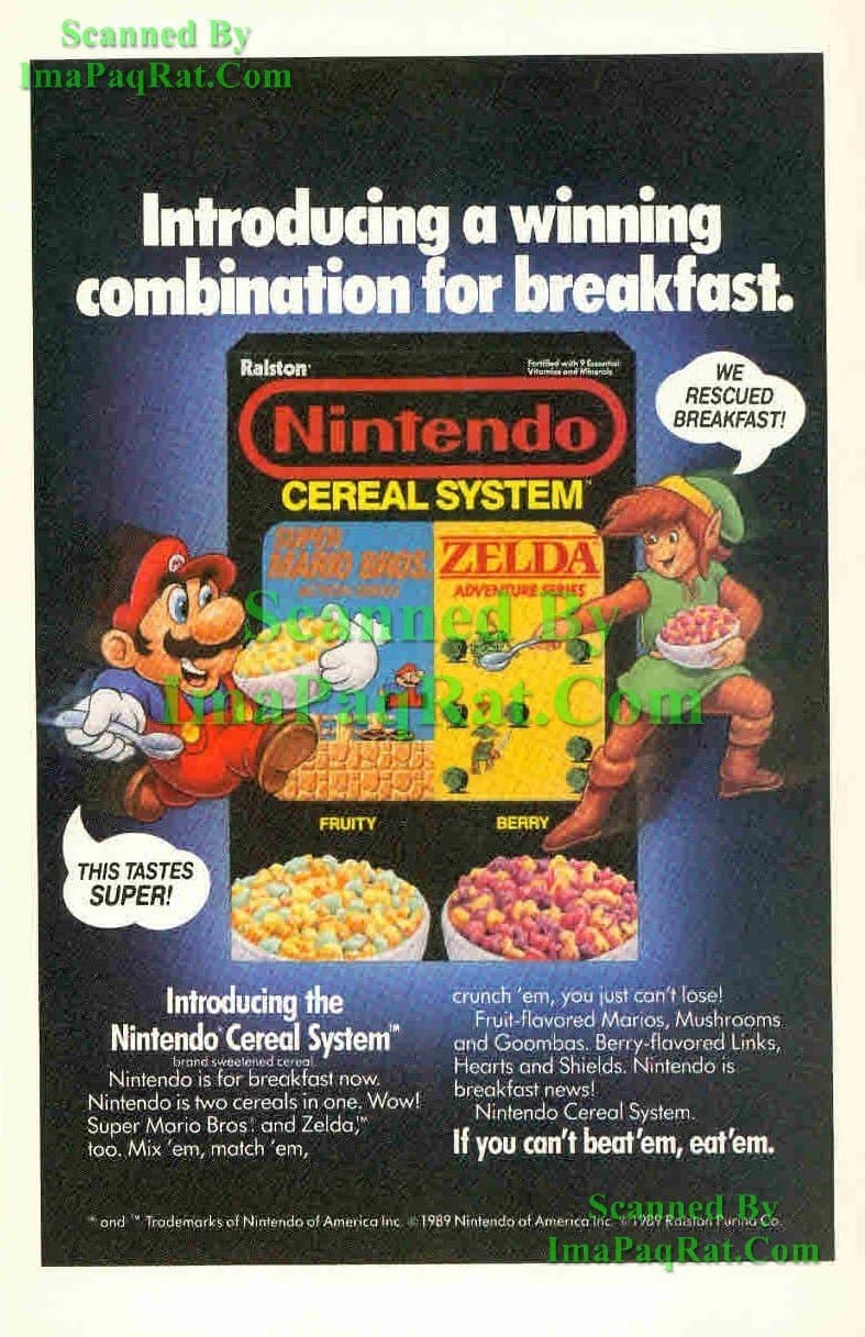Nintendo Cereal System: Advertisement with Super Mario & Link: Super Mario Bros. & Zelda Adventure Series: Great Original Print Ad! Link