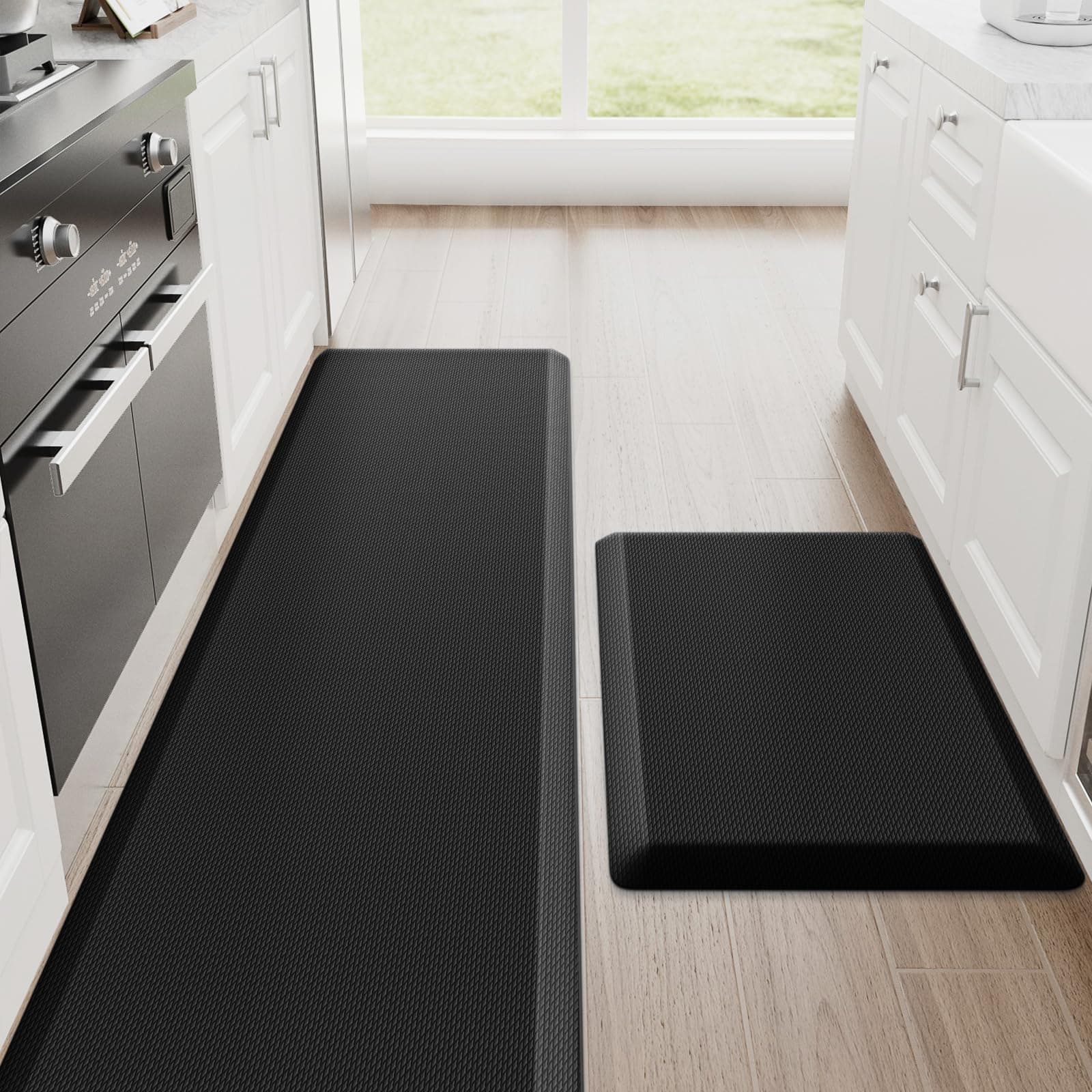 StepRite Kitchen Mats, 2PCS Kitchen Rugs, Cushioned Anti Fatigue Kitchen Mats for Floor, Non-Slip Standing Desk Mat, Waterproof Kitchen Rug Set for Kitchen, 20" x 32"+20" x 72"-Full 1 inch Thick,Black