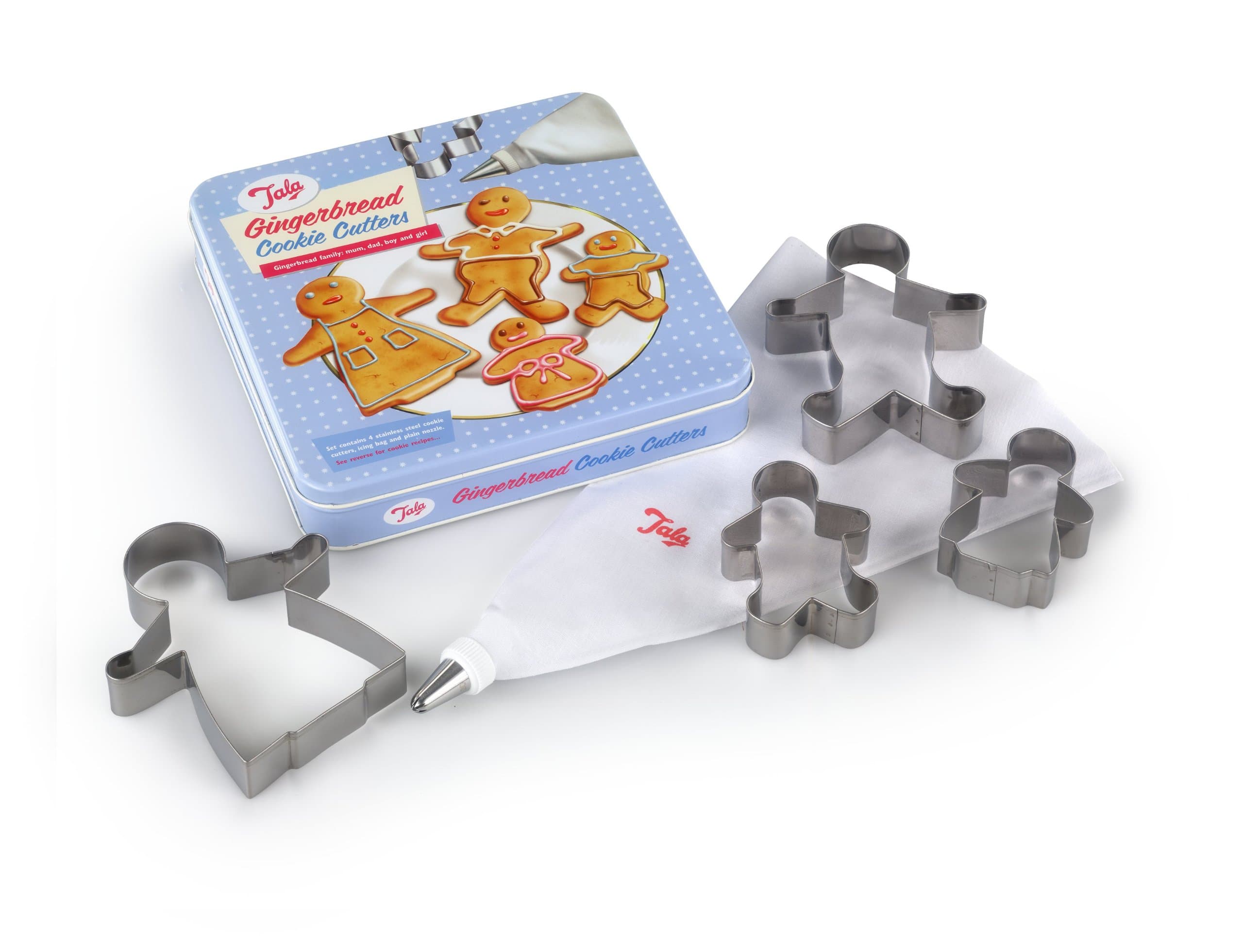 Tala Retro Gingerbread Cookie Cutter Set with Icing Bag and Nozzle in Tin