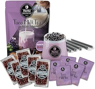 Flavfar Premium Instant Taro Milk Tea Kit with Authentic Brown Sugar Tapioca Boba and Straws | Ready in Just 25 Seconds | Perfect for Home, Parties, and Gift Giving - 5 Servings