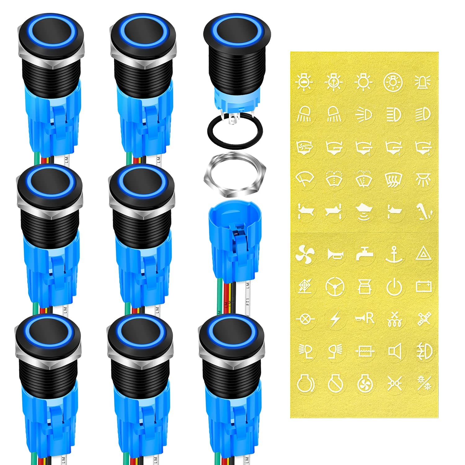 19mm 12V Latching Push Button Switch ON Off Black Metal Pre-Wired 12 Volt Blue Led Light Illuminated Waterproof Button for Marine RV -8 Pack
