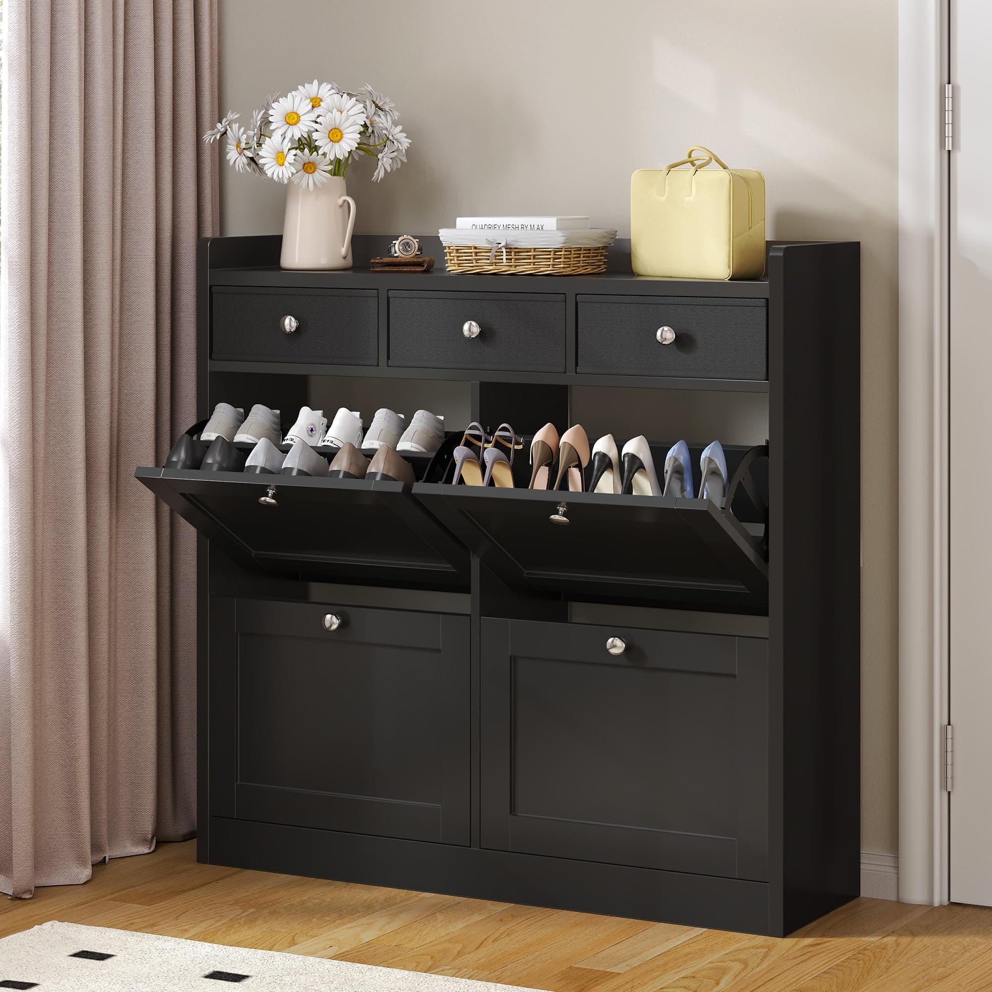 YITAHOME 4 Drawer Shoe Cabinet, Space Saving Shoe Storage Cabinet with 4 Flip Drawers and 3 Fabric Drawer Adjustable and Removable Divider for 24 Pairs of Shoes for Hallways and Living Room, Black