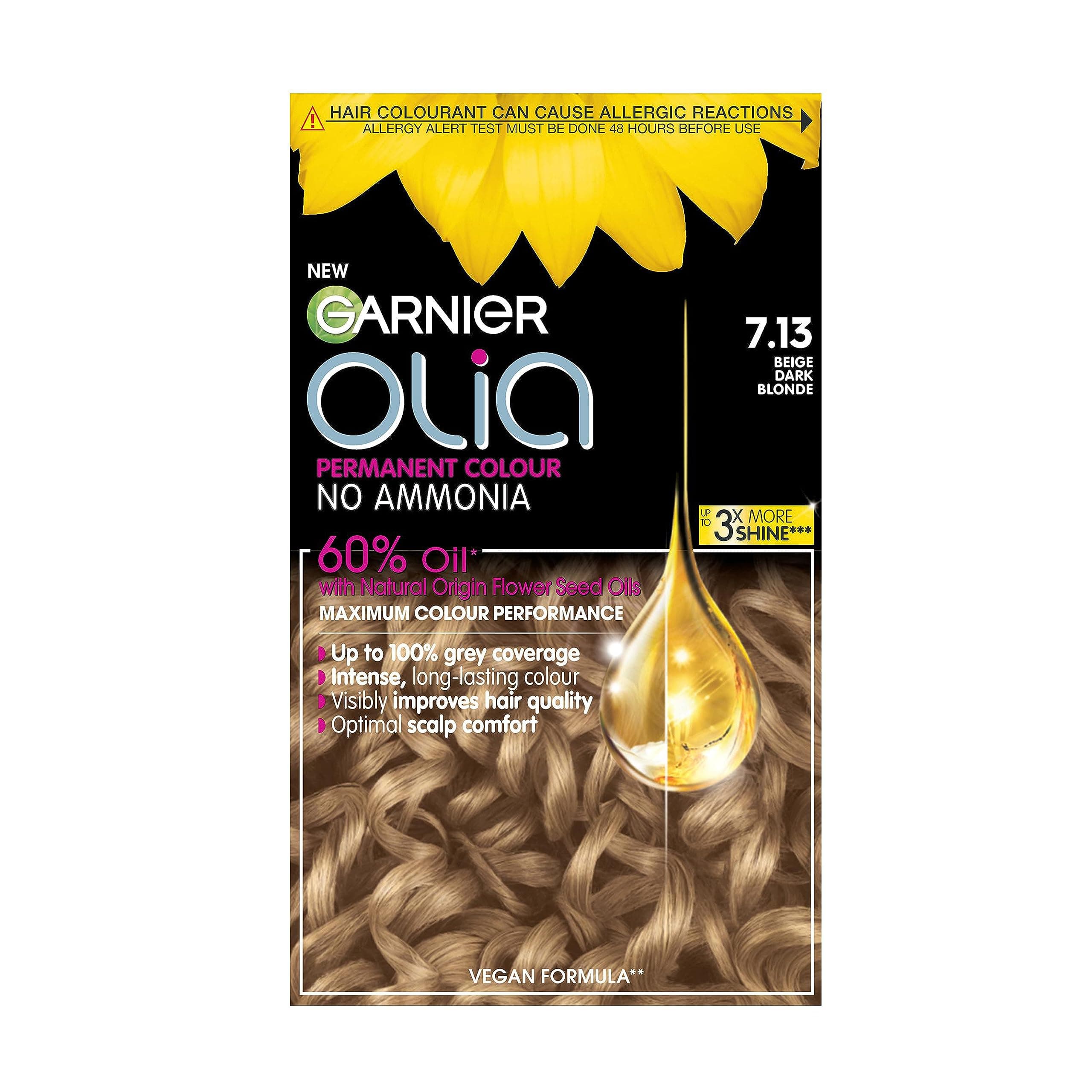 Garnier Olia 7.13 Beige Dark Blond, oil-powered, no-ammonia. 100% grey coverage. Luminous, long-lasting, vibrant beige dark blonde color with exceptional shine.