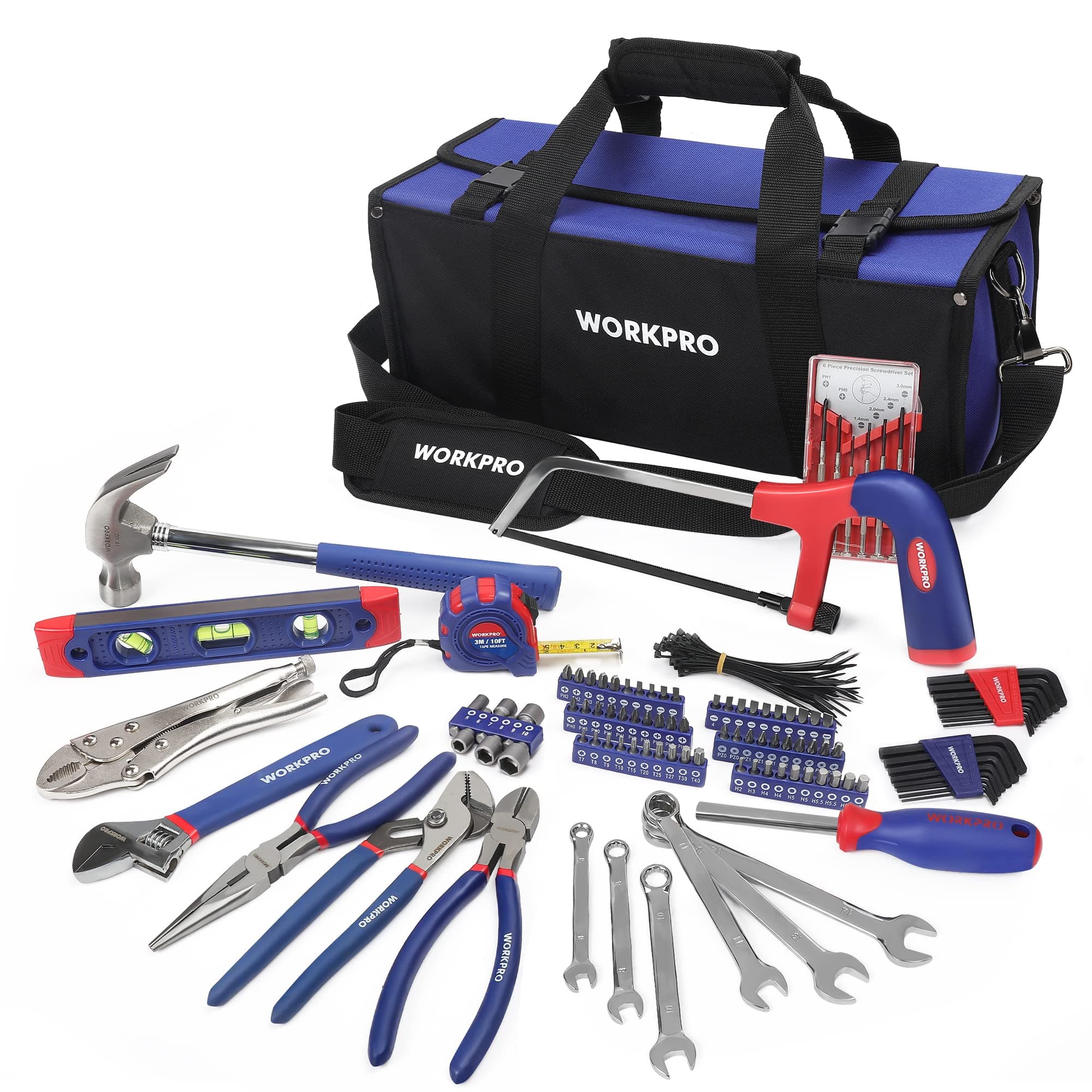 WORKPRO 156PC Tools Kit for Home Repair with Tool Bag, DIY Hand Tool Set - Including Pliers Set, Hex Key Set, Wrench Spanner, Screwdriver Set, Tape Measure, Hammer